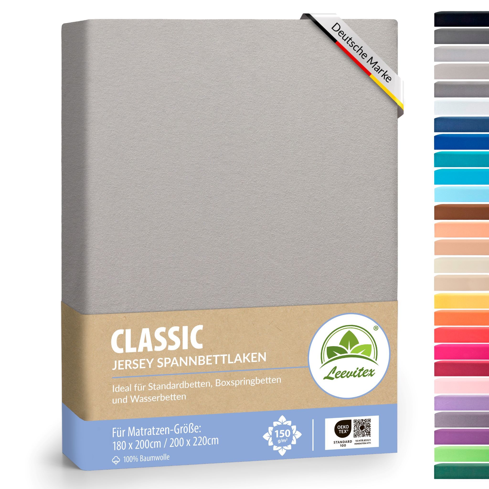 leevitex® Spannbettlaken 180x200 - 200x220 cm, 40 cm Steghöhe, Stoffdicke 150 g/m², Jersey, Gummizug: rundum, (1 Stück), OEKO-TEX® Standard 100 Zertifikatsnummer 10.HTR.85321 zertifiziert