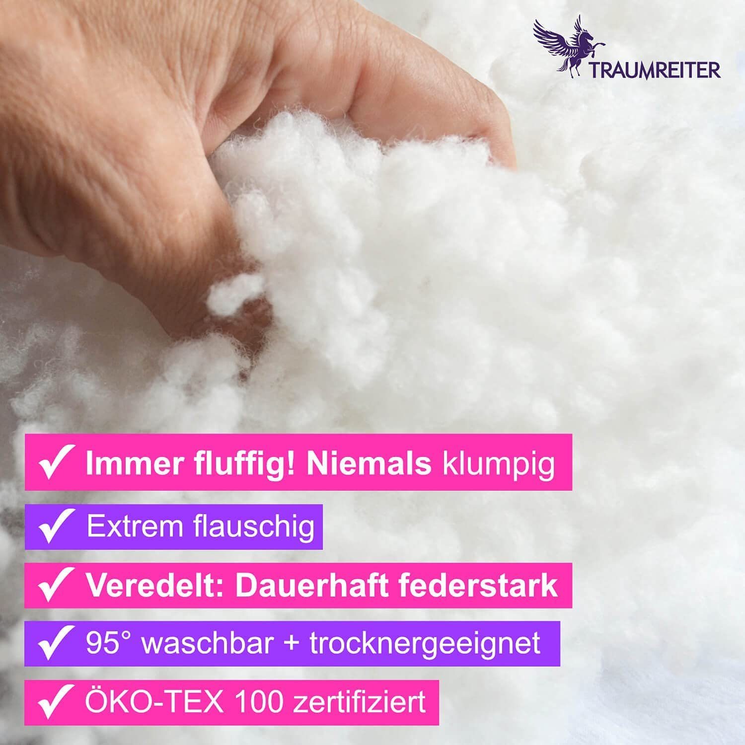 Traumreiter Bastelfilz Füllwatte mit Extra Power I silikonisierte Flauschige Faserbällchen I Kissen Füllung 95° waschbar + Trockner I 100% Polyester Watte basteln Kissenfüllung Füllmaterial Füllstoff, Made in Germany mit silikonisierten Polyester