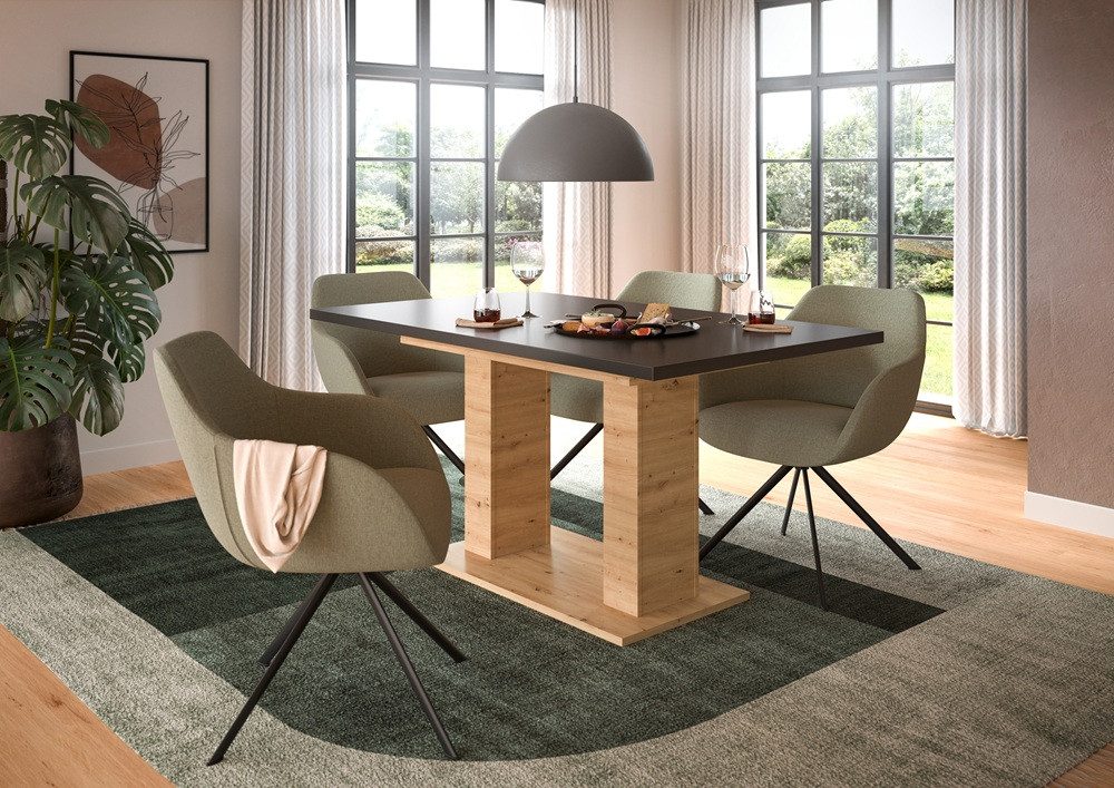 xonox.home Esstisch Esstisch Motion, ausziehbar, Doppelsäulen-Fußgestell, Artisan Eiche, Küchentisch, graue Tischplatte