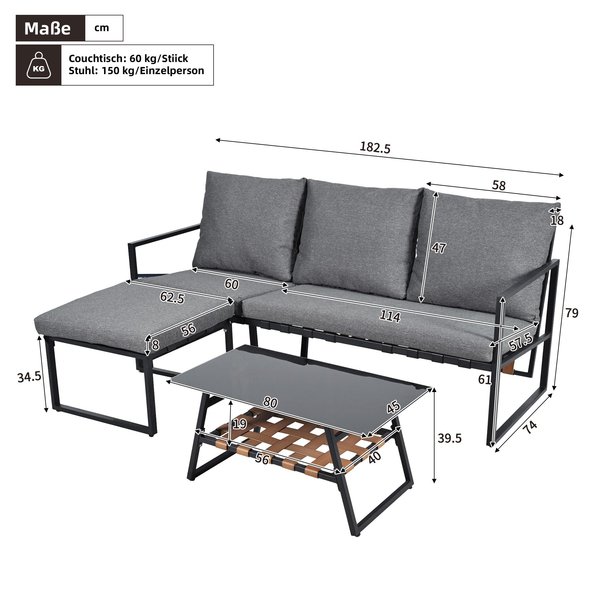 OUTMAX Gartensofa verzinktes Stahlrohr,Glastischplatte,geeignet für Gärten,Schwimmbäder, Set 3 Teile, Sofa + Couchtisch + Fußhocker