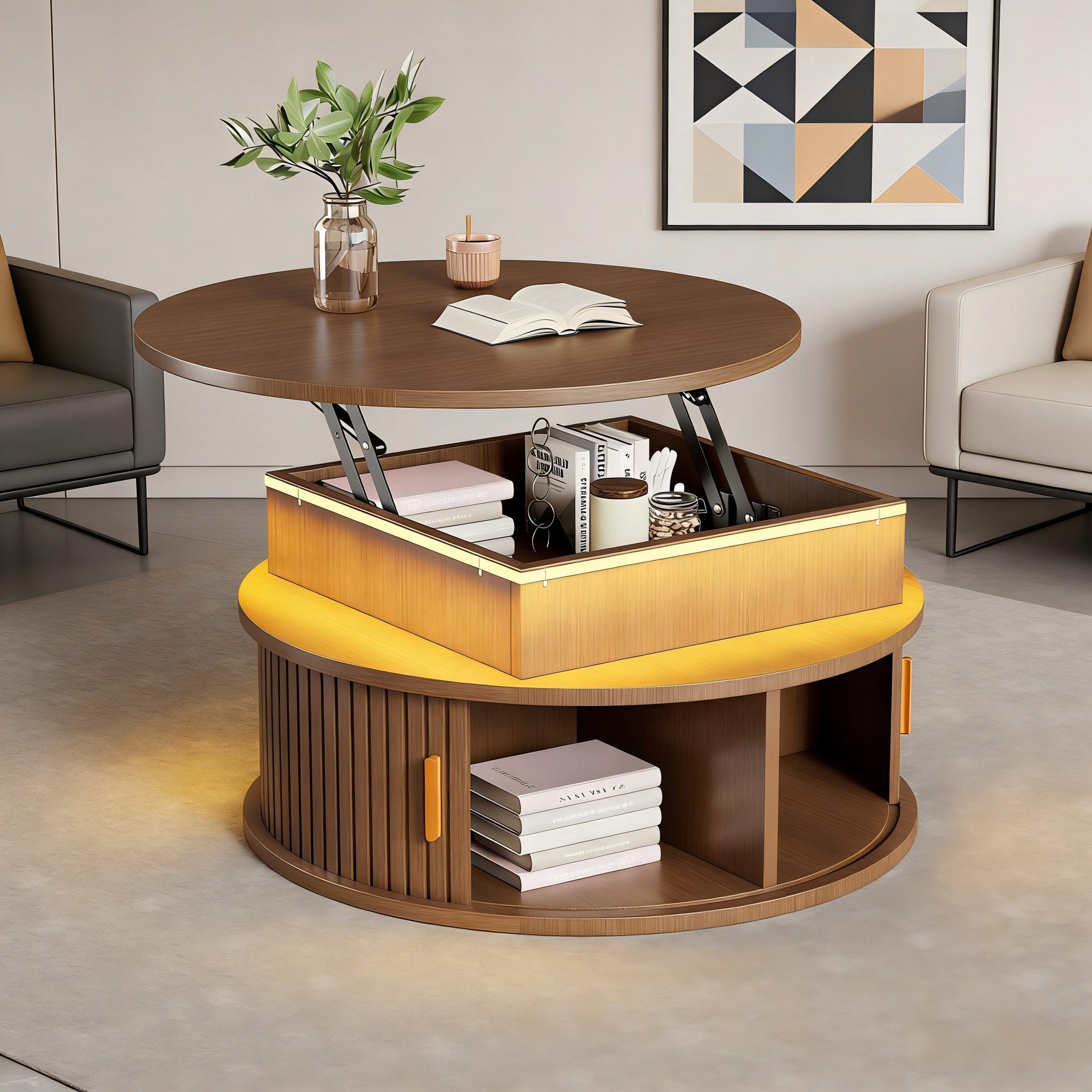 Merax Couchtisch hochglanz Sofatisch höhenverstellbar Beistelltisch mit LED-Beleuchtung (Versteckter Stauraum & Höhenverstellbare Tischplatte, 1-St), Runder Wohnzimmertisch mit 2 Rollladentüren & Stauraum, 75x75x52cm