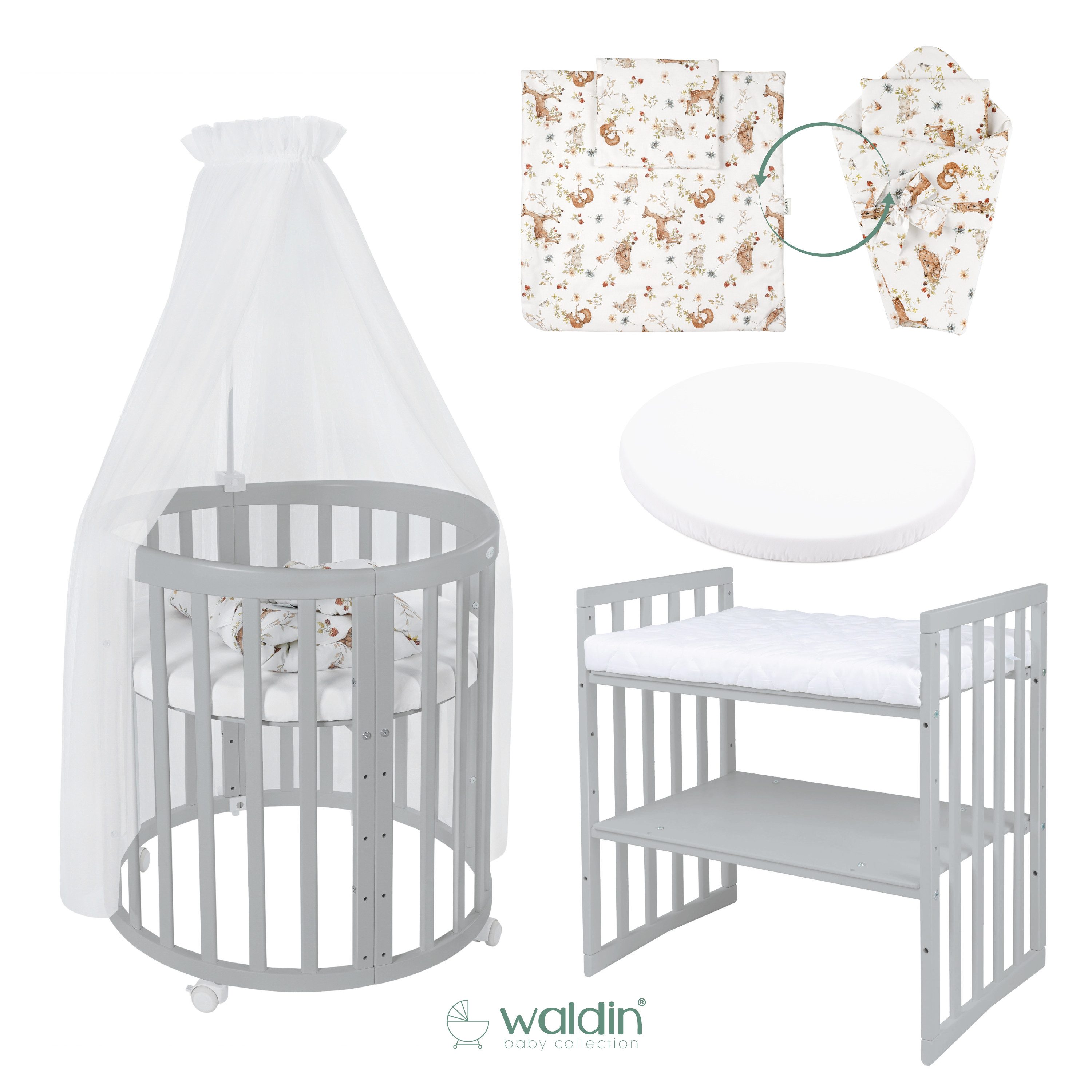 Waldin Babybett Mobiles Babybett OWAL aus Holz 7in1 mit Matratze, mitwachsend
