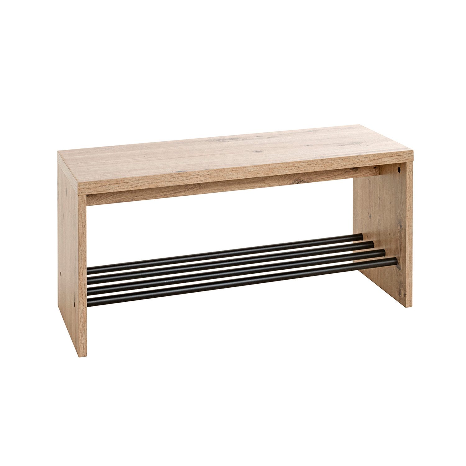 HAKU Schuhbank PARMA 10 Bank - eiche-schwarz - MDF, Metall - H. 40cm x B. 80cm (1xSchuhbank, Schuhhocker - Schuhmöbel), Schuhbank aus MDF, Flurbank, Garderobenbank, Sitzbank