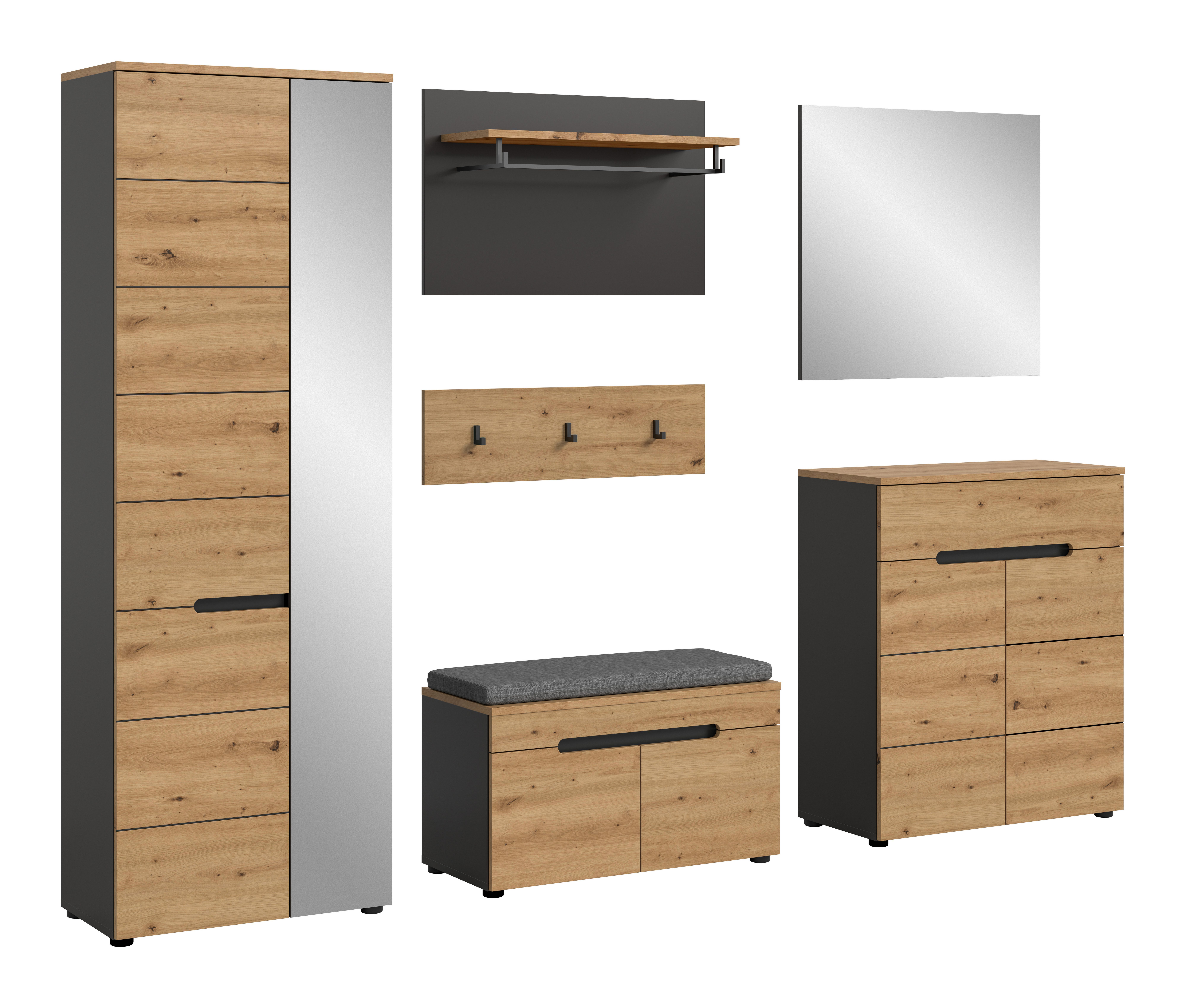 furnling Garderoben-Set Cano, (6-St., Paneel, Schrank, Schuhkommode, Sitzbank (inkl. Sitzkissen), Spiegel), Flurmöbel, Komplett-Set, Breite 255 cm, Basalt grau/Artisan