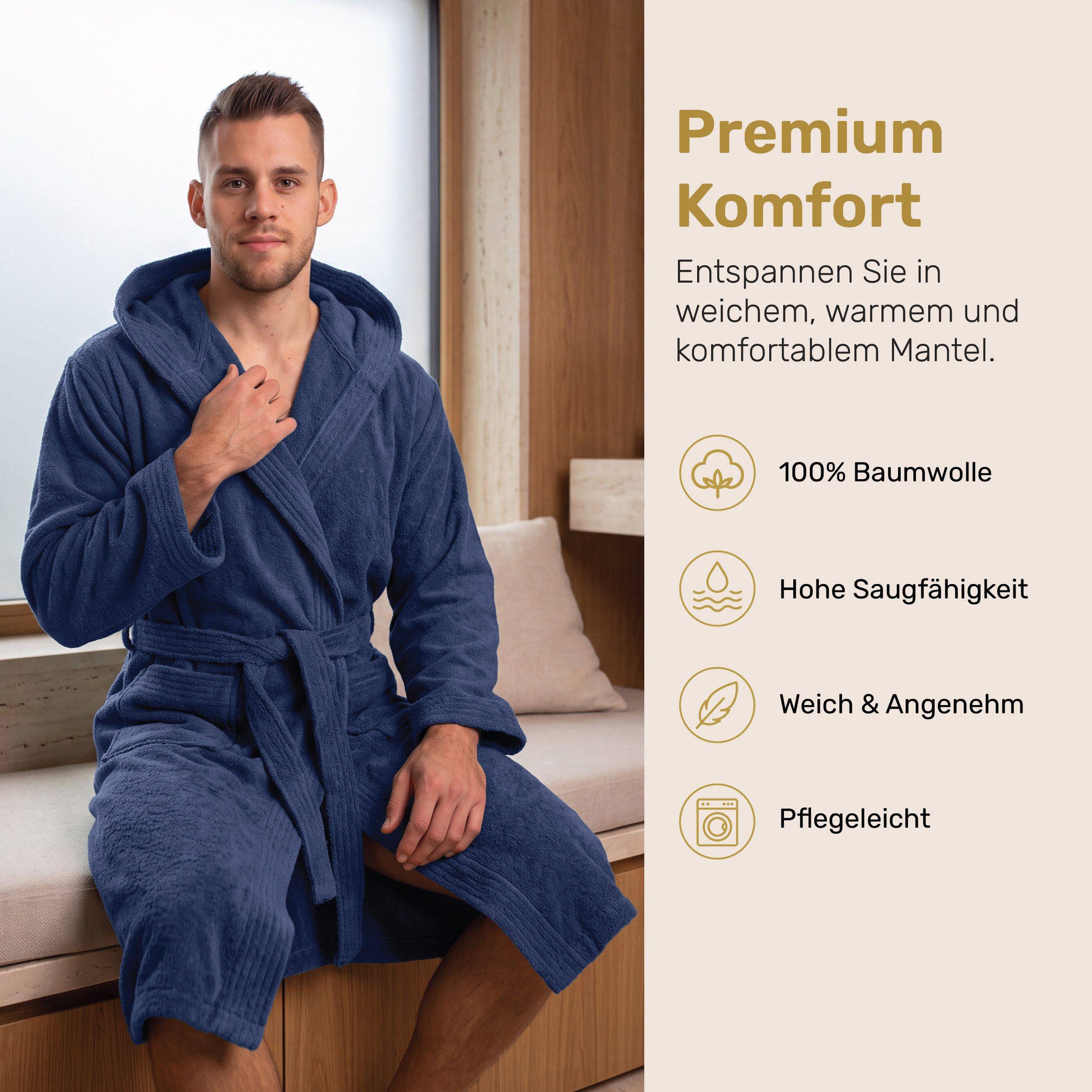 Lavea Bademantel Damen und Herren, Morgenmantel Mexico, Hotelbademantel, Lang, 100% Baumwolle, mit Kapuze, hochwertiger Bindegürtel, Weich & Saugstark - Spa Fee – Bild 4 von 5