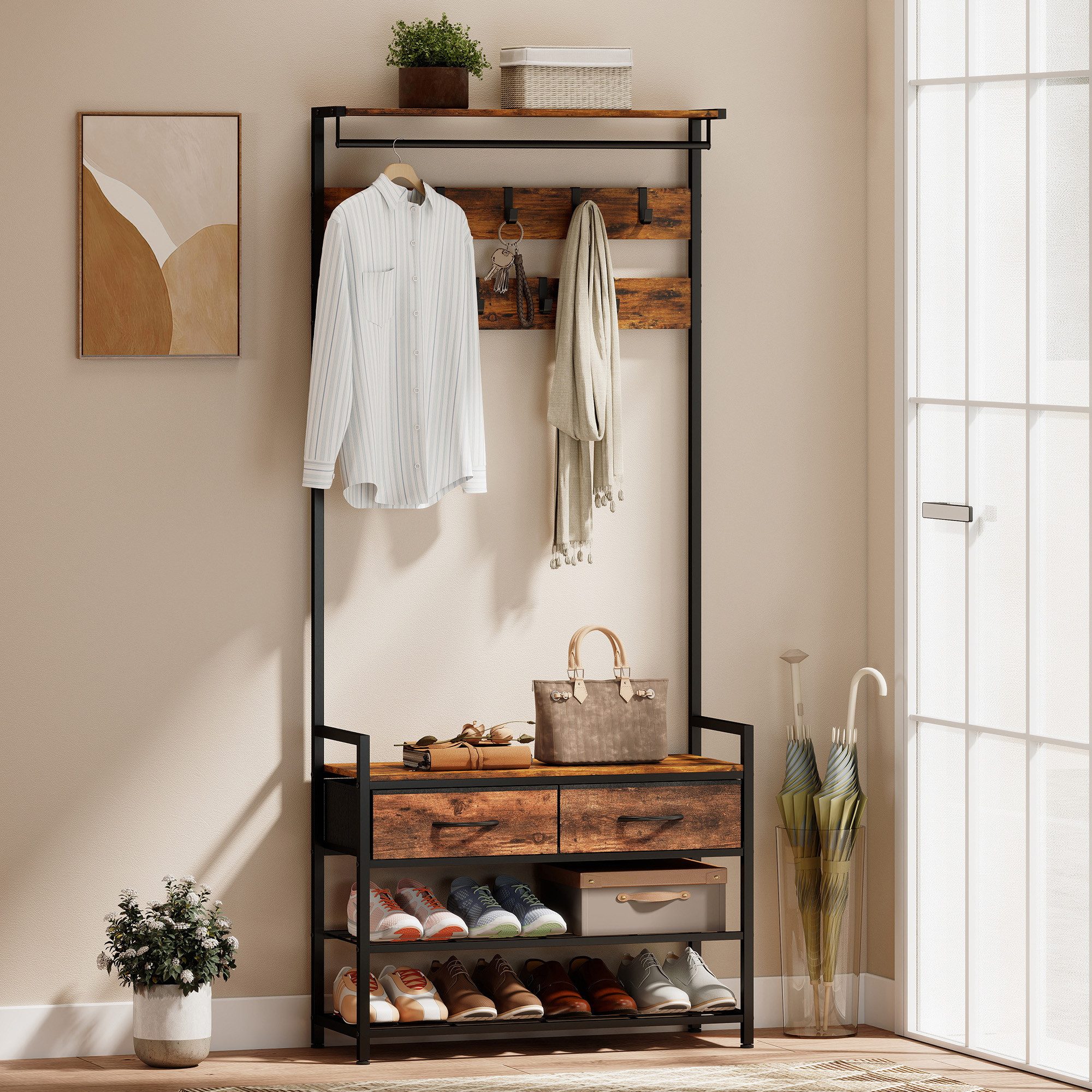 HOMCOM Garderobenständer Kleiderständer, Schuhbank, Kleiderstange, Stoff-Schublade, (Set, 1 St., 1), 5-in-1 Flurgarderobe mit Bank & Schuhregal