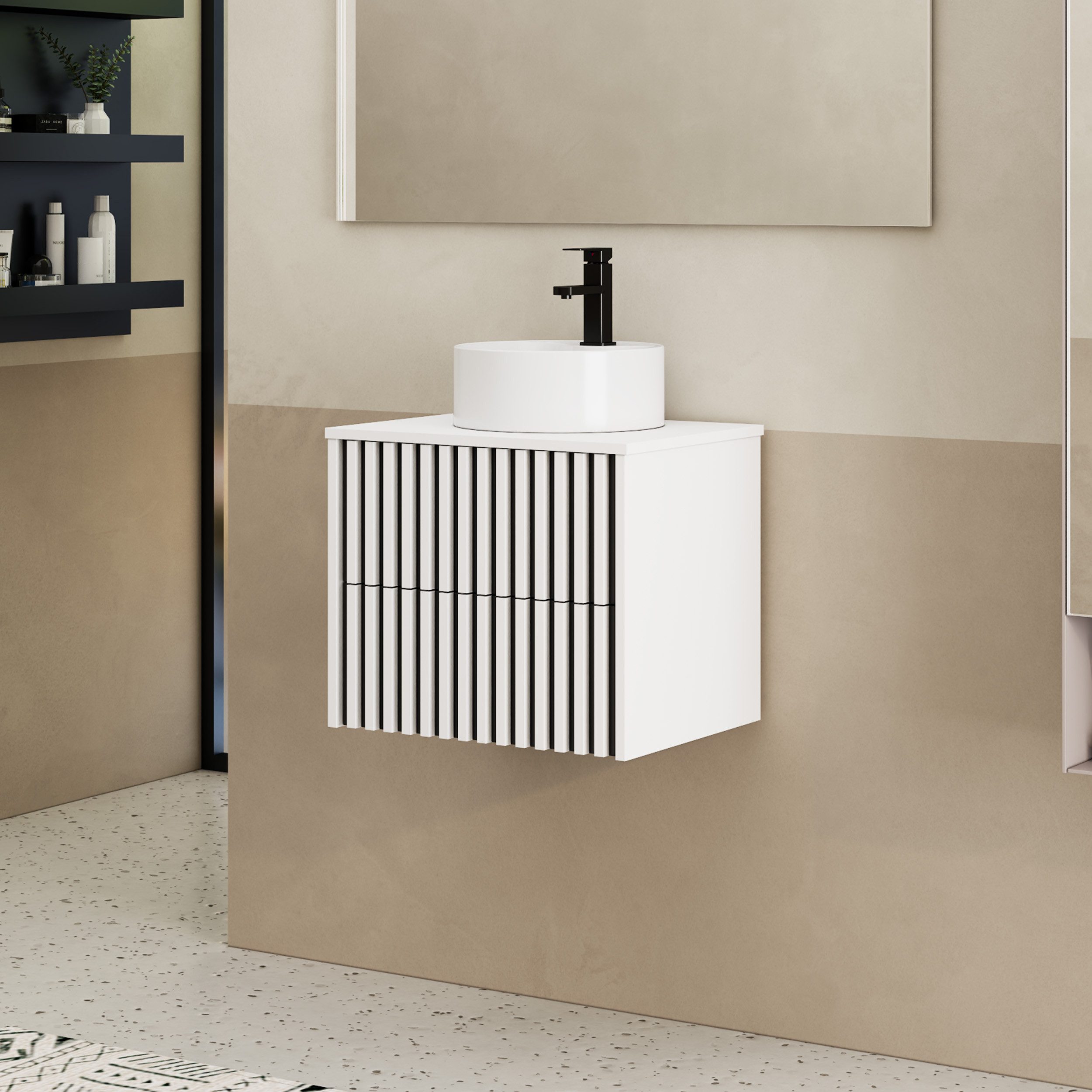 UEV Waschtisch mit Unterschrank hängend Rundes Keramikwaschbecken (Komplett-Set Badmöbel, Badezimmmer Schrank, mit Wasserhahn und Pop-up-Ablassventil Aufsatz-Waschbecken), Soft-close Schubladen,Waschbeckenunterschrank mit 2 Schubladen