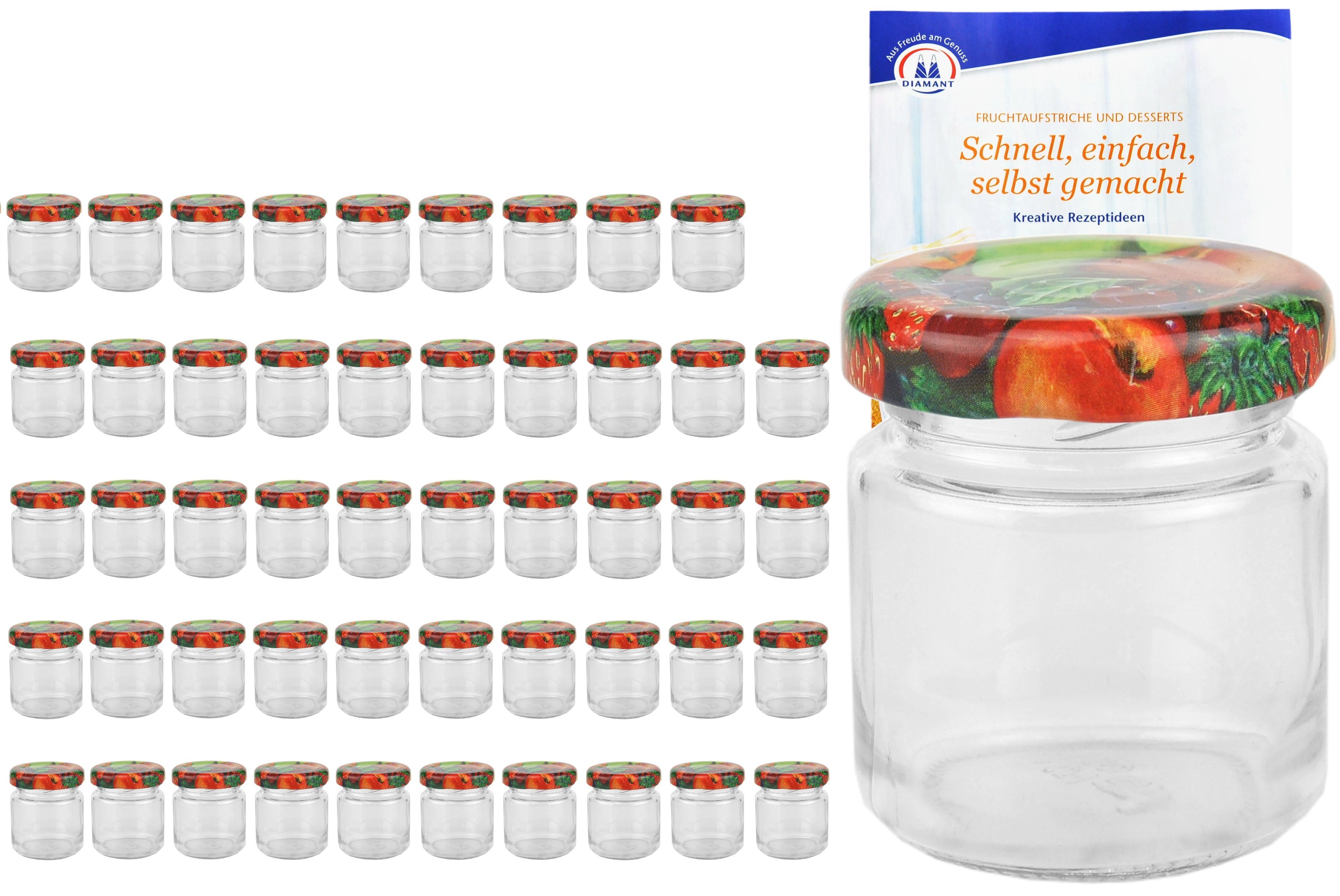 MamboCat Einmachglas 50er Set Sturzglas 53 ml To 43 Obst Dekor Deckel incl. Rezeptheft, Glas | Einmachgläser