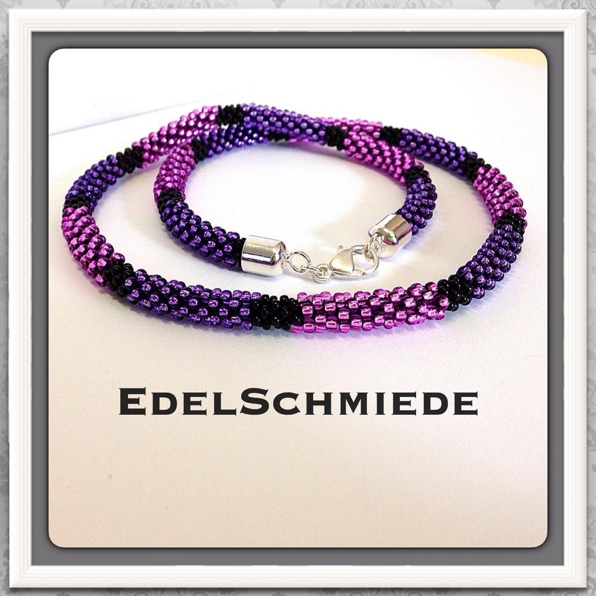 Kette ohne Anhänger Häkelkette, Lila Pink Schwarz, mit 925/- Silber Verschluß 52cm