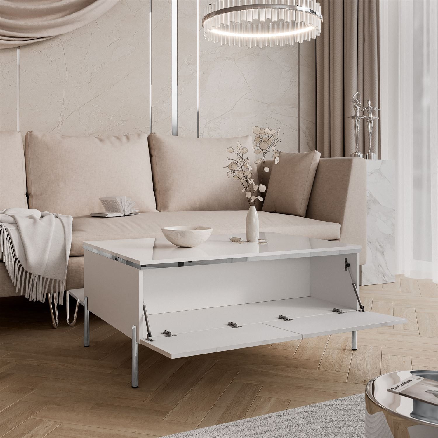 Lookway Couchtisch AURORA SILVER mit Stauraum (1x Tisch), Breite: 90 cm, Höhe: 41/44,5 cm, Tiefe: 60 cm – Bild 3 von 5