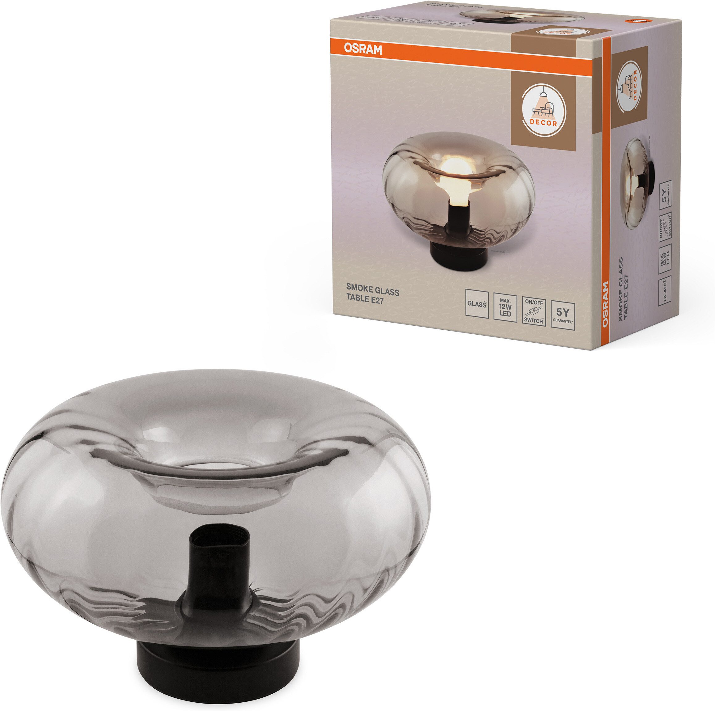 Osram Tischleuchte Decor Smoke Glass, ohne Leuchtmittel, schwarz, E27, Stahl und Glas