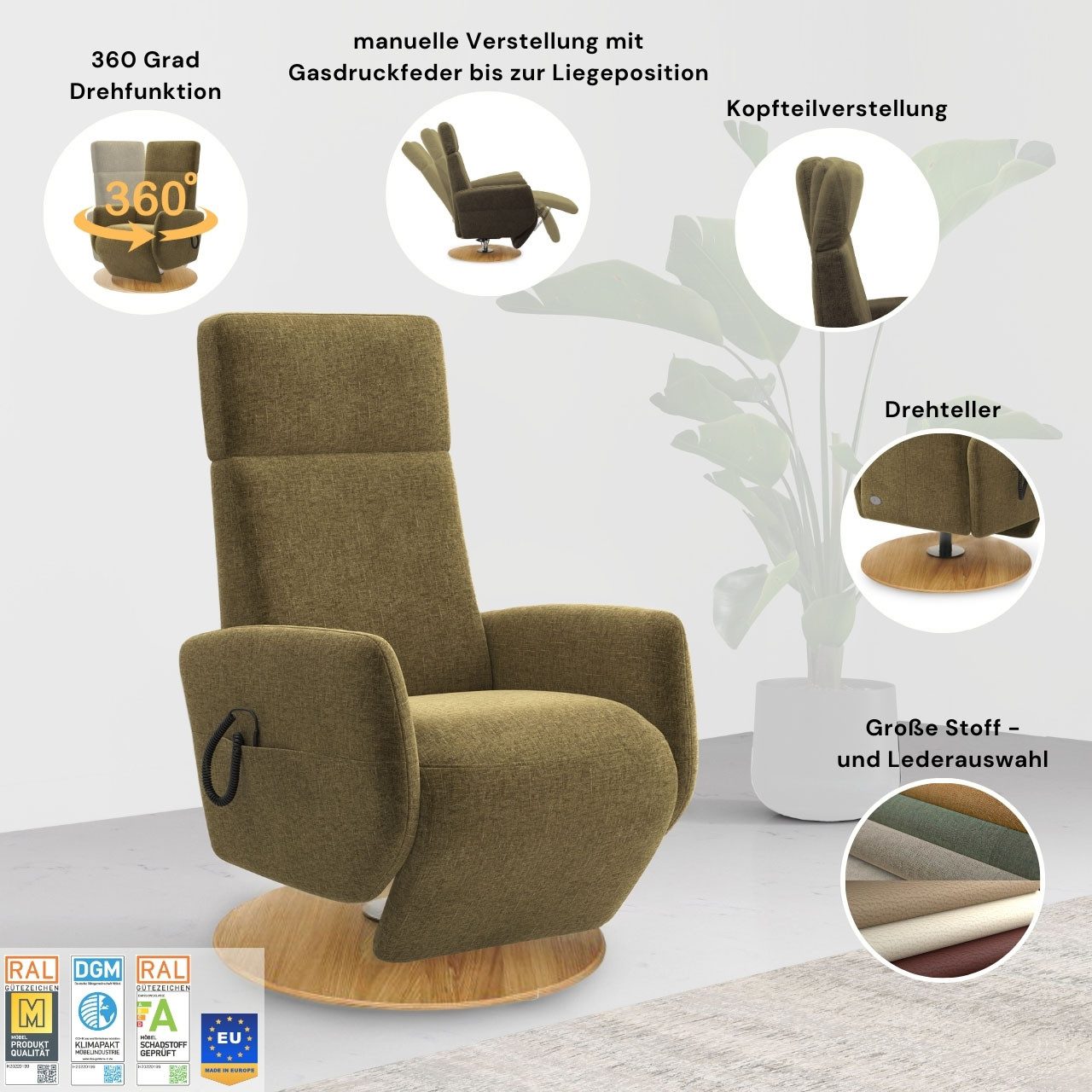 OTTO home TV-Sessel Rochelle, inkl. Kopfteilverstellung & 360° Drehfunktion (1-St), TV-Sessel mit Drehfunktion 360 Grad