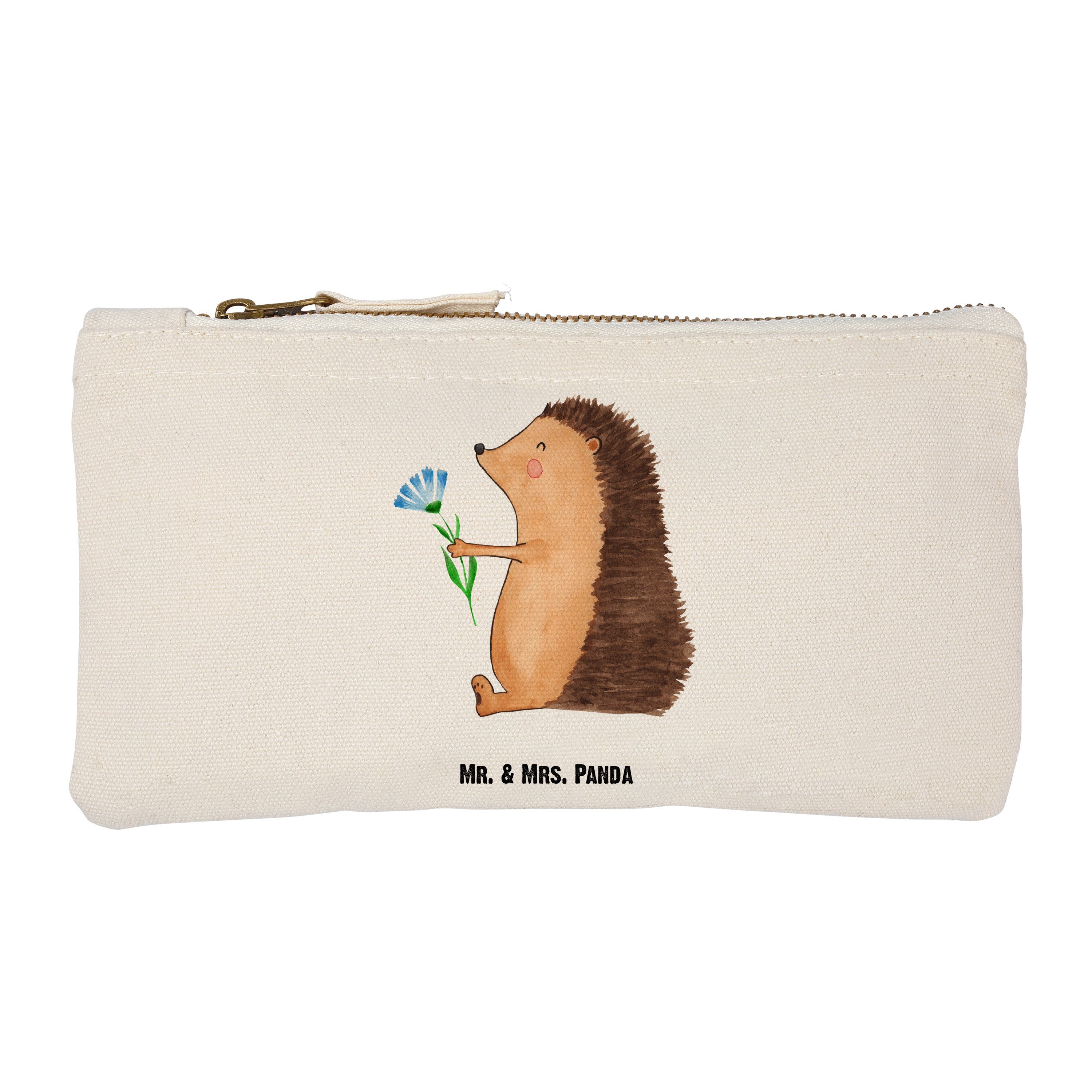 Mr. & Mrs. Panda Kosmetiktasche Igel mit Blume - Weiß - Geschenk, süße Tiermotive, krank, gute Laune, (1-tlg) | Canvas-Taschen