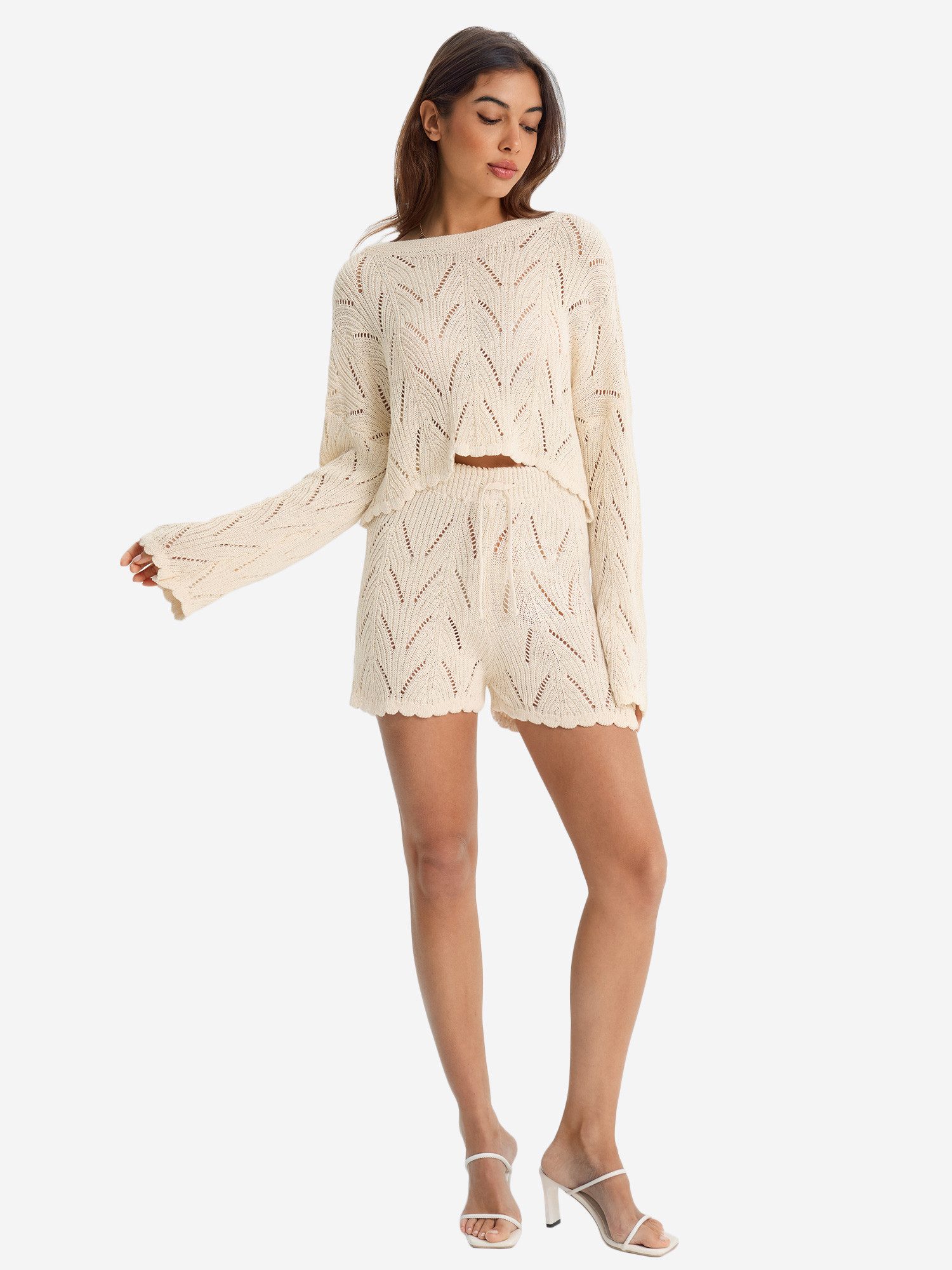 Imily Bela Hausanzug Damen Zweiteiliges Strickset (Set, 2 tlg., Locker sitzendes Langarmshirt + Shorts mit Kordelzug)