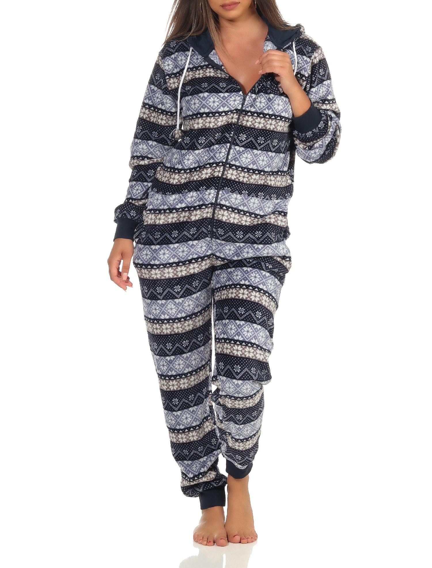 Normann Pyjama Damen Jumpsuit Overall Schlafanzug Norweger-Look, Overall mit Kapuze