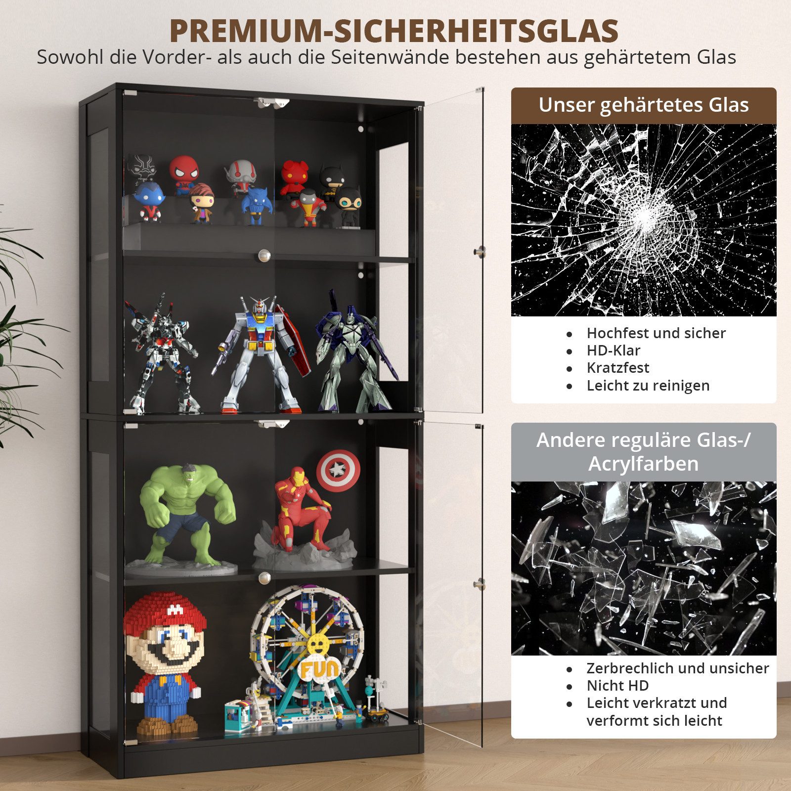 VOWNER Glasvitrine mit 3-Farben-LED-Beleuchtung, Vitrine für Spielzeug/Bücher/Deko (1-St) 360°-Sicht, Explosionssichere Tür, 4 Regale, 80x165x35 cm – Bild 3 von 5