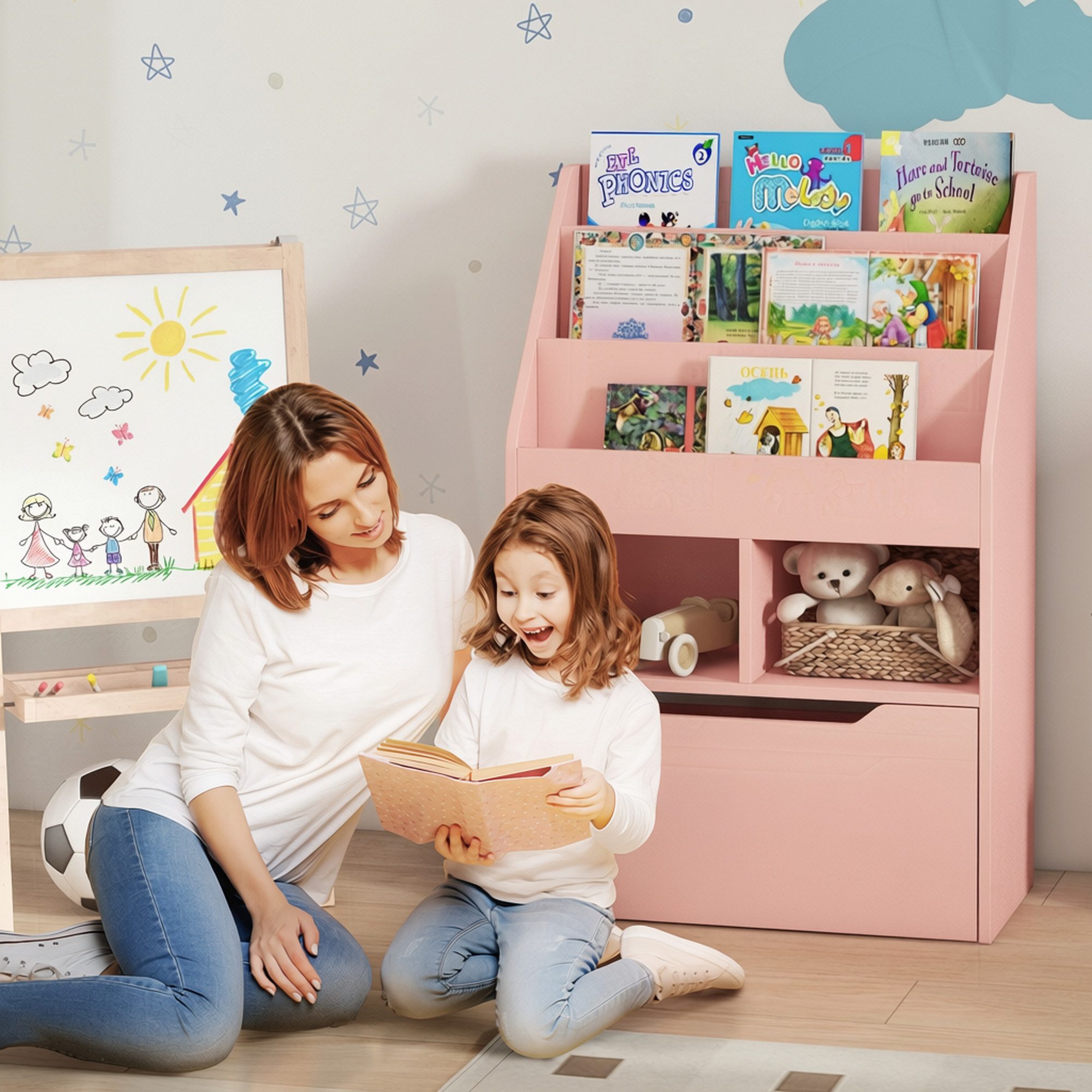 HOMCOM Kinderregal Kinder Bücherregal mit Schublade, 3 Ablagefächern, Aufbewahrungsregal 1-tlg., für Kinderzimmer, Spielzimmer, Rosa, 60 x 29,9 x 90 cm – Bild 2 von 5