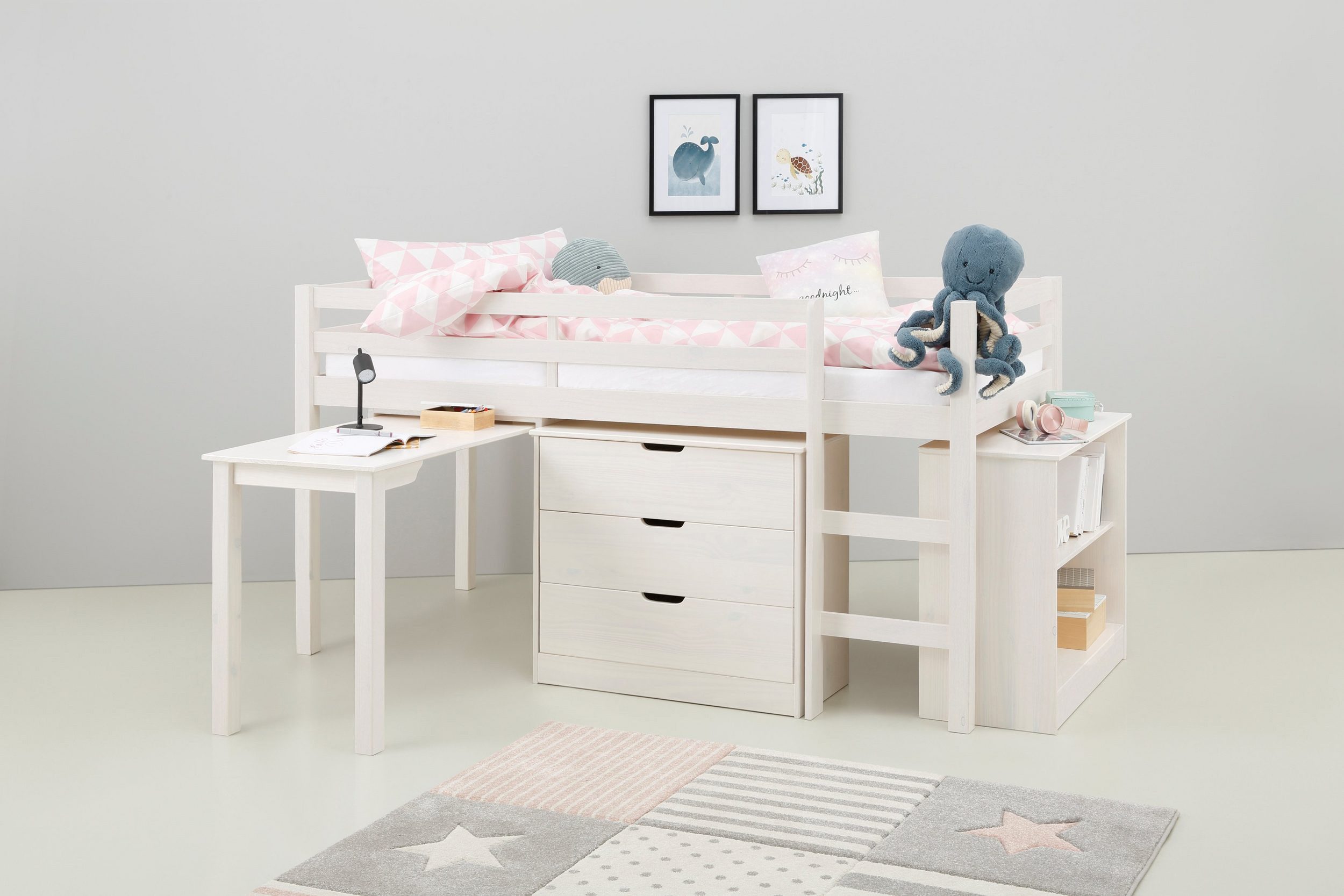 loft24 Hochbett Allie Kinderbett mit Schreibtisch und Kommode, Kiefer Massivholz, Landhaus