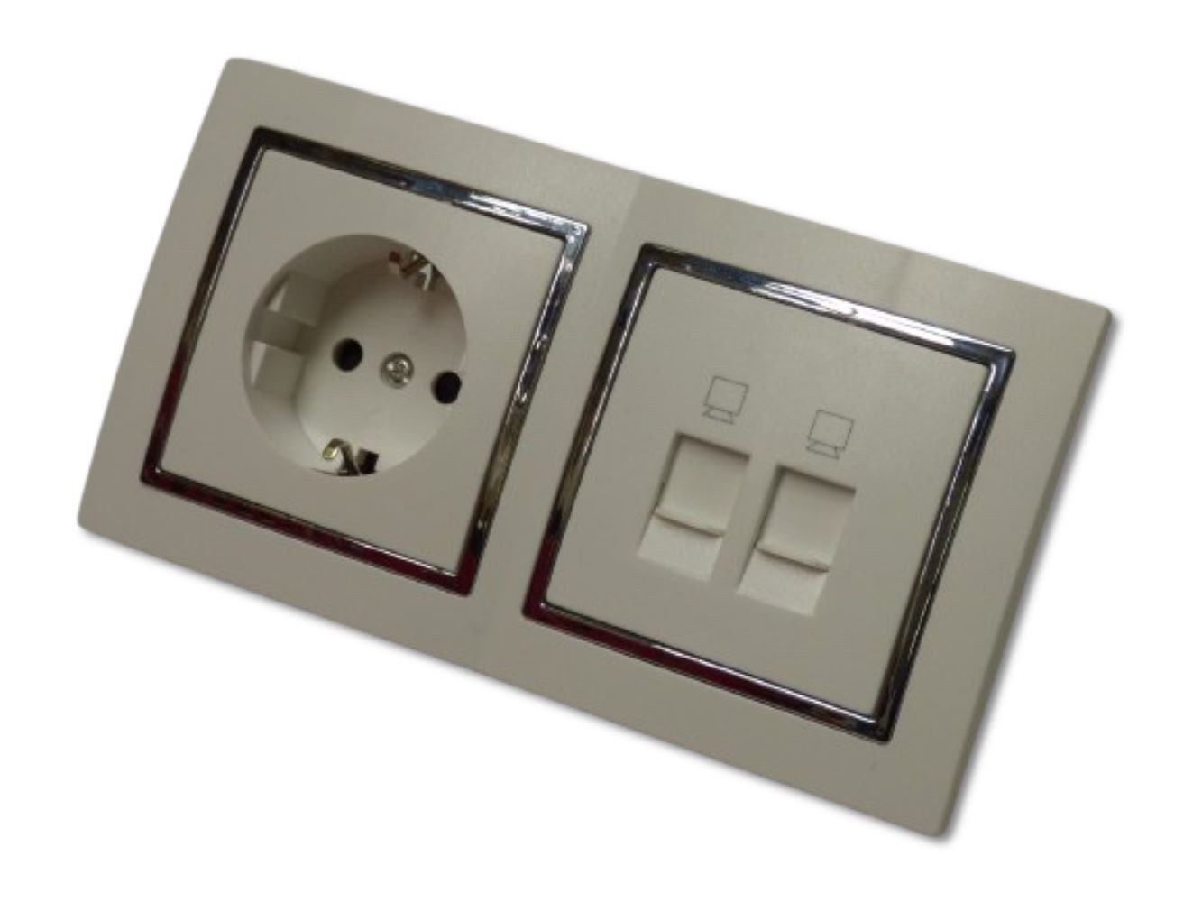 Lichtideen Schalter 9496 Levina S 2-er 1 x Schuko Dose 1 x Netzwerk silberner Rand (Taster, Schalter, Anennendose, Steckdose mit USB lieferbar)