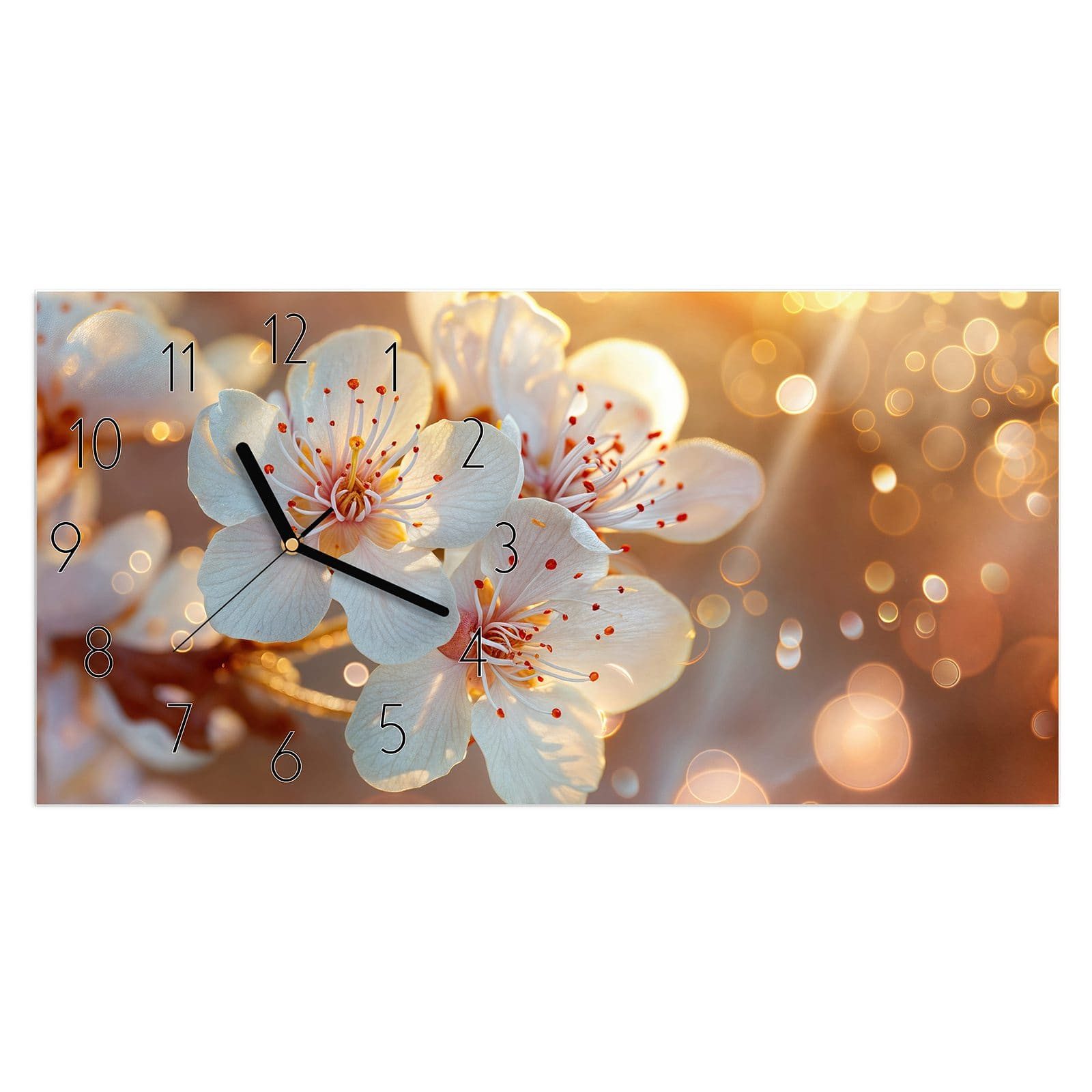 Wanduhr Glasuhr Wandkunst Größe 60 x 30 cm mit Motiv Blumenstrahlen