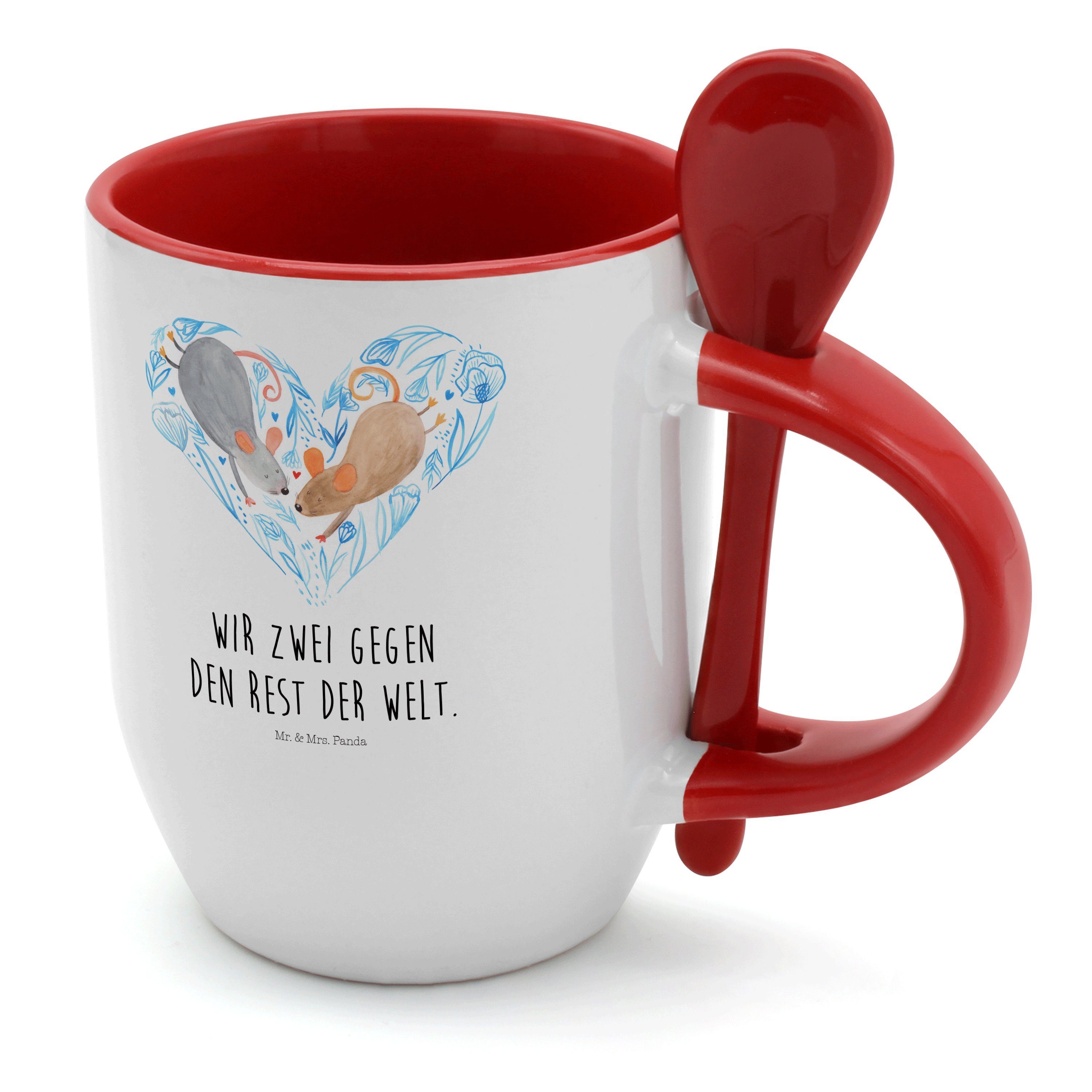 Mr. & Mäuse Tasse Weiß Keramik Löffel, Herz - Mrs. Panda Liebe, Kaffeebecher, - Geschenk, Tasse mit