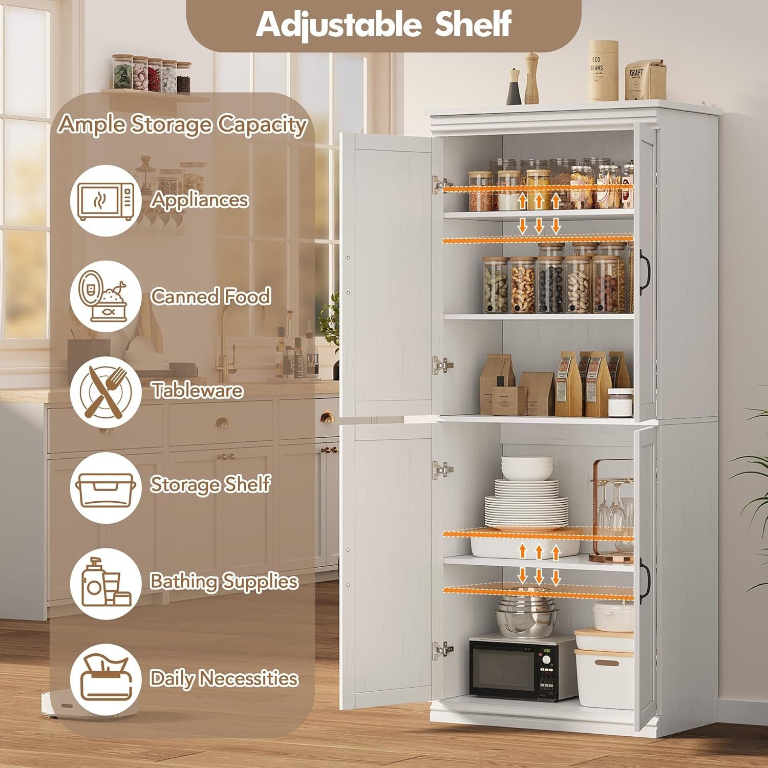GarveeMore Mehrzweckschrank mit Türen und verstellbaren Regalen,178cm Vorratsschrank Hochschrank für Badezimmer,Esszimmer,Wohnzimmer