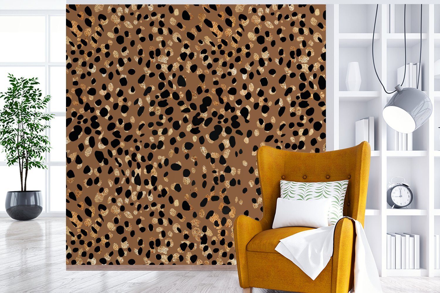 MuchoWow Fototapete Leopard - für - Gold, St), Matt, Wohnzimmer Tiermuster (5 Schlafzimmer, oder Vinyl Wandtapete bedruckt, Tapete