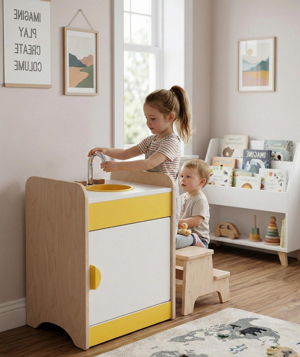 Xlmoebel Spielküche Bunte Kinder-Spüle aus Holz mit praktischem Stauraum Holz, Made in Europa