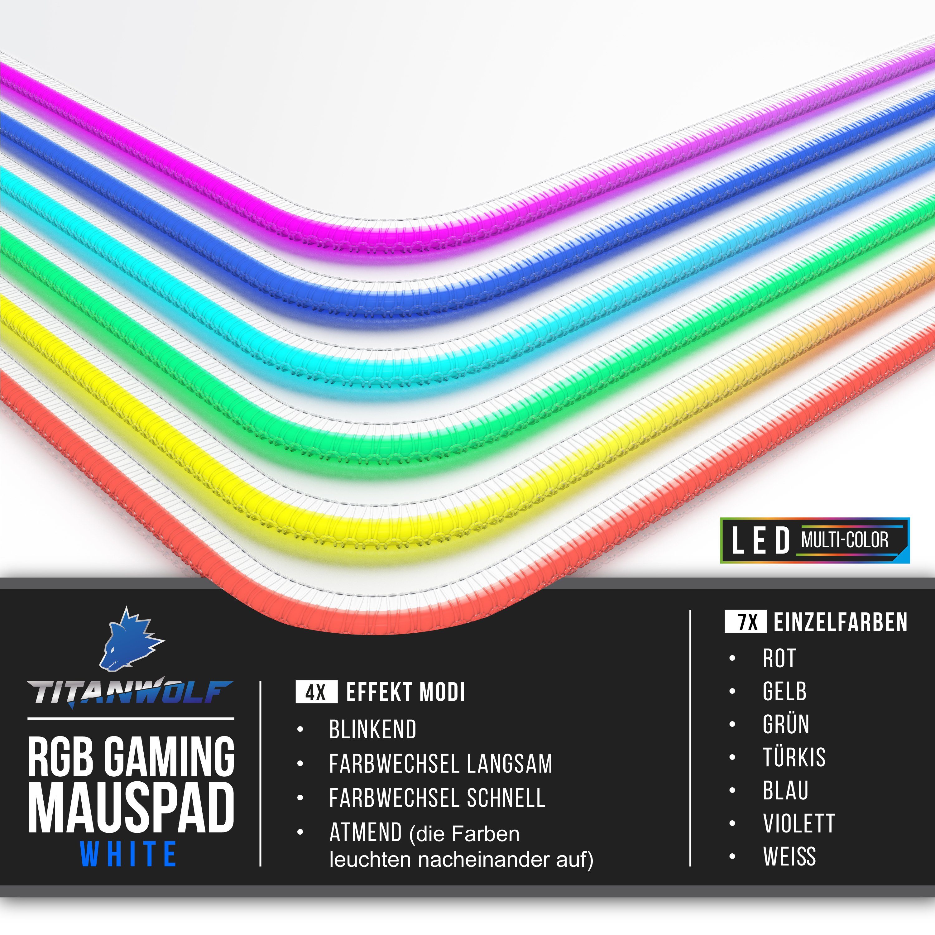 Titanwolf Gaming Mauspad RGB Mousepad 900 x 400 x 3 mm, LED Multi Color XXL Tischunterlage, rutschfest, abwaschbar, Geschwindigkeit & Präzision, weiß – Bild 4 von 5