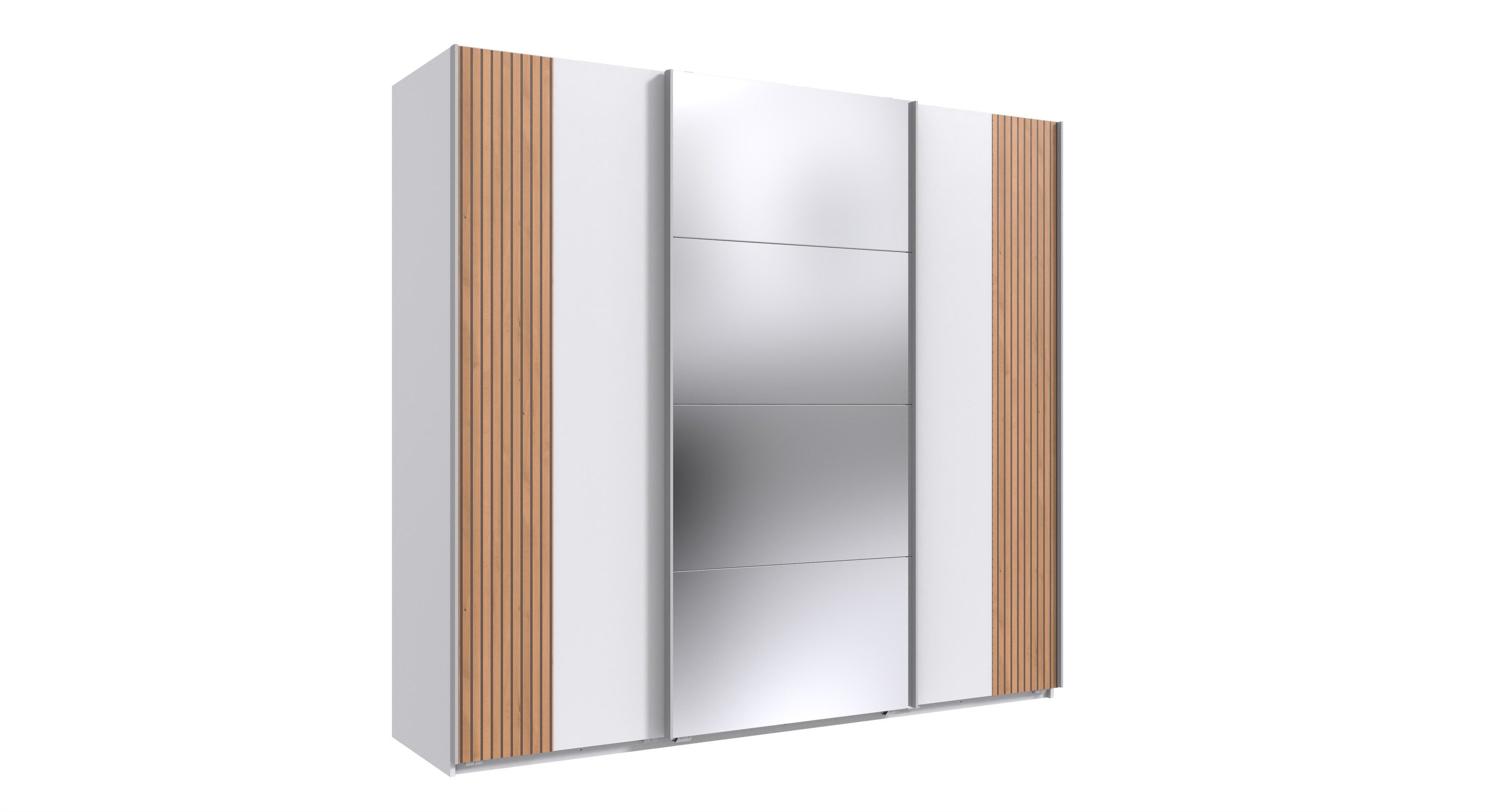 Wimex Schwebetürenschrank Spiegel, Weiß / Akustiklamelle Artisan Eiche - 225x208x64cm (BxHxT)
