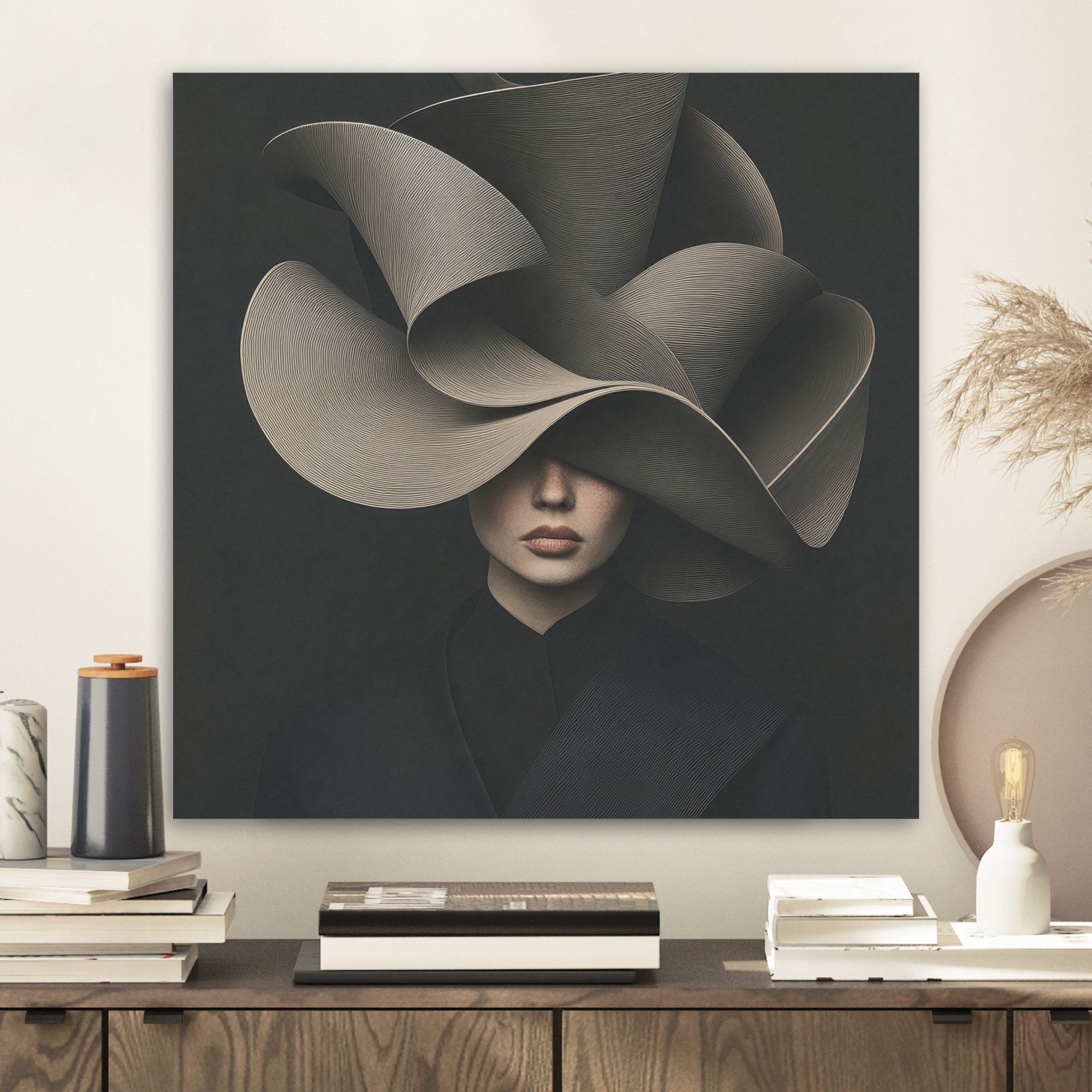 MuchoWow Gemälde Schwarz - Hut - Frau, Fotodruck (1 St), Akustikbilder PET-Filz, Wandpaneele, Akustikpaneele 40x40 cm