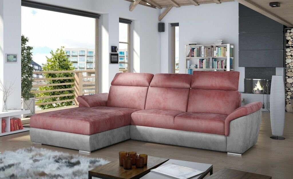 JVmoebel Ecksofa Graues L-Form Sofa Mit Bettfunktion Luxus Designer Ecksofa Eckcouch, Made in Europe Rosa/Weiß