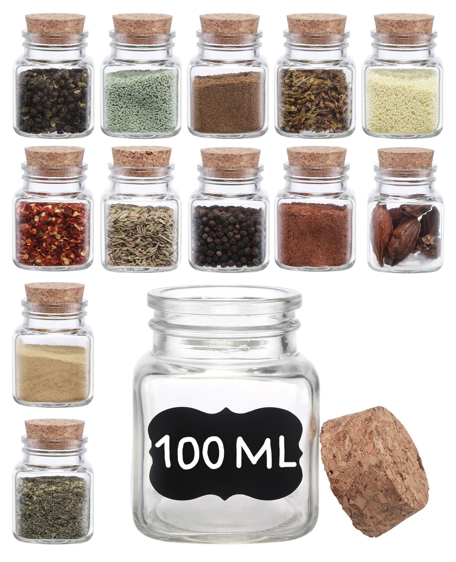 Praknu Vorratsglas 12 Gewürzgläser mit Korken Eckig 100 ml, Glas, (Set, 12-tlg), 12er Set mit Etiketten - Luftdicht - Kleine Gläser mit Deckel. € 16,99