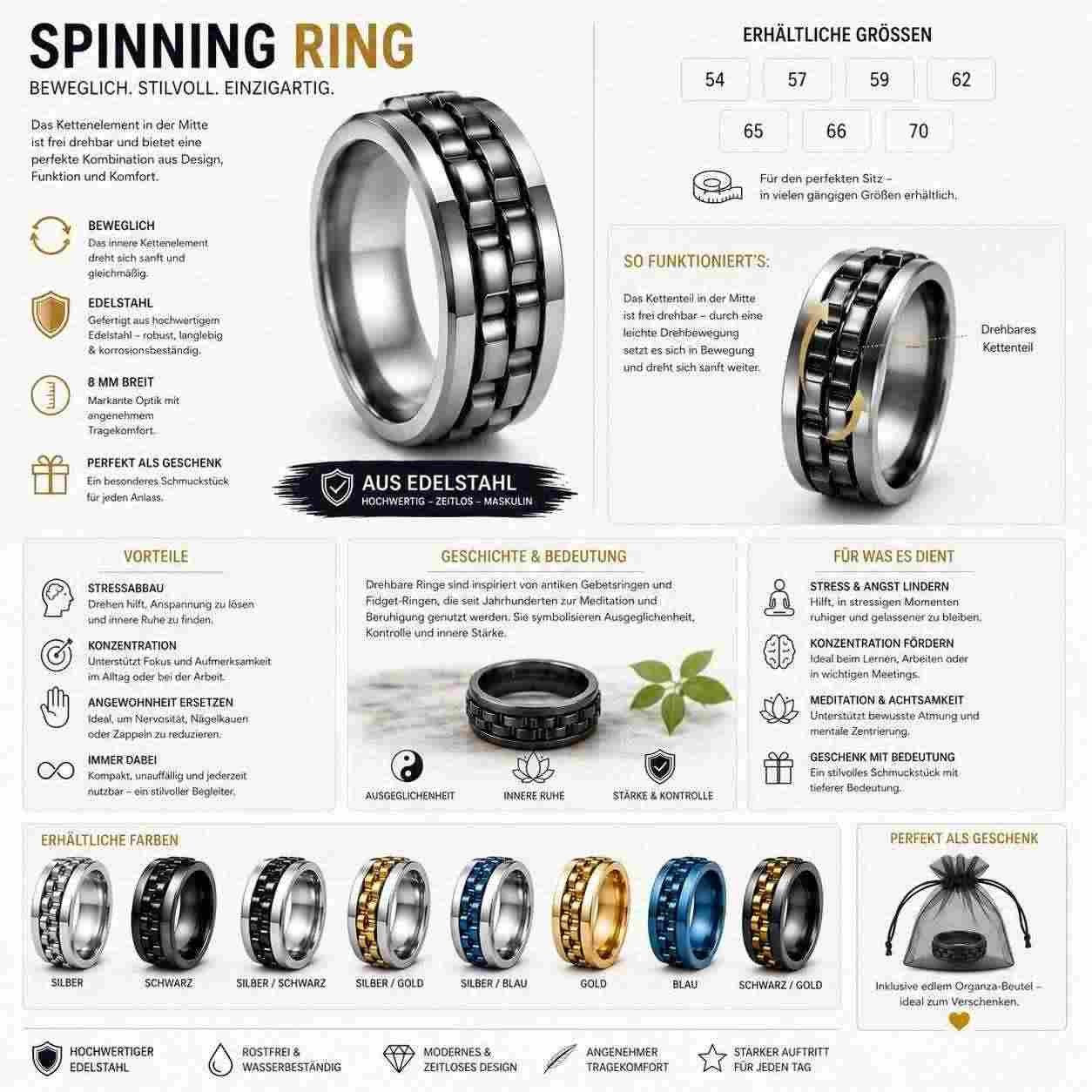 Taffstyle Fingerring Herrenring Edelstahl drehbar Spinning Ring Ketten Fidget Fingerring (Moderner Edelstahl Herrenring mit beweglichem Kettenelement im markanten Design – stilvoller Schmuck mit besonderer Drehfunktion)
