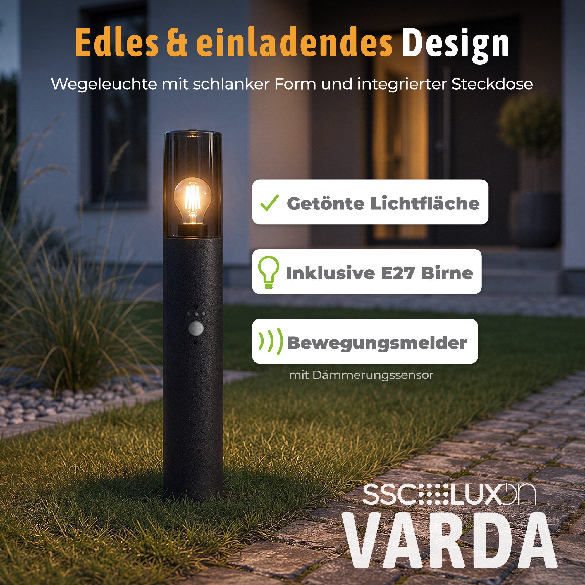 SSC-LUXon LED Gartenstrahler VARDA Wegeleuchte mit Bewegungsmelder Smart LED E27 WLAN warm kalt, Neutralweiß, Warmweiß, Tageslichtweiß