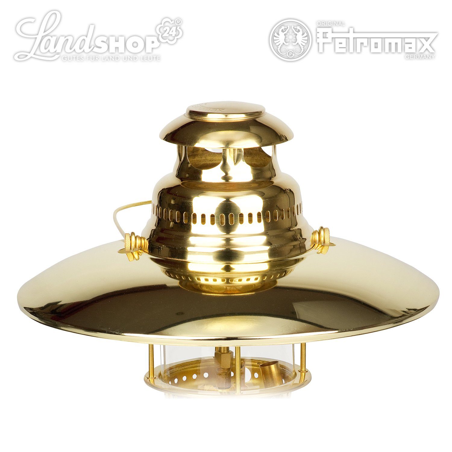 Petromax Außen-Tischleuchte Petromax HK500 Ausführung Messing poliert mit Schirm, Kaltweiß, Starklichtlampe