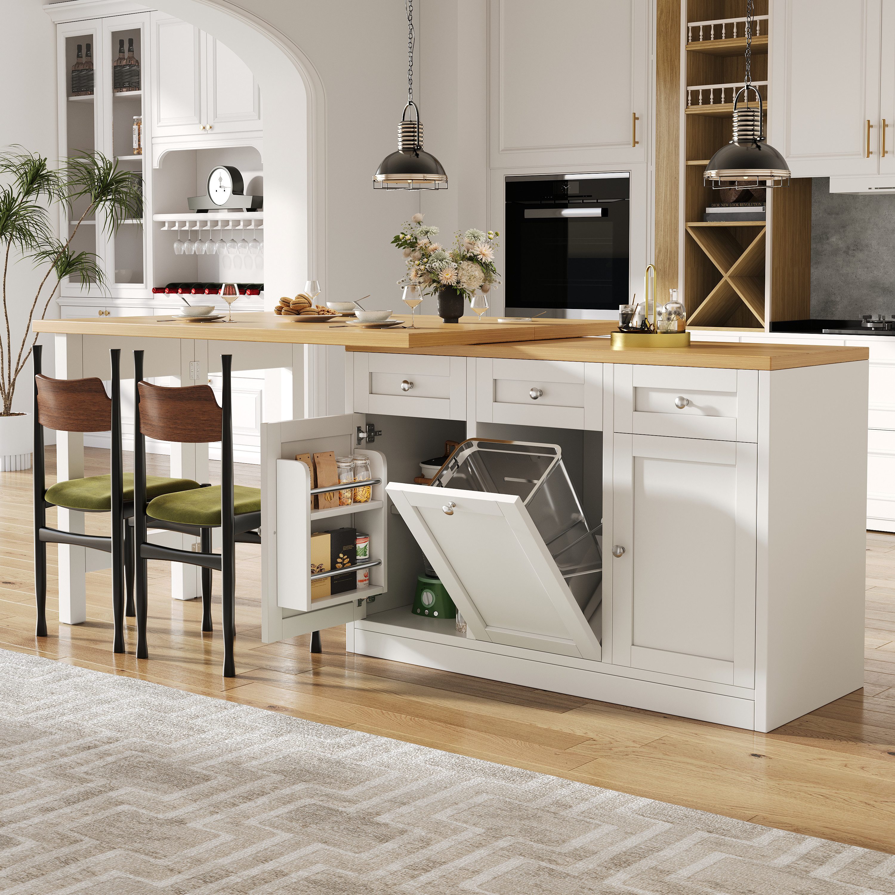 Flieks Kücheninsel Küchenschrank mit 360° drehbarer und klappbarer Arbeitstisch, (Holzoptik Tischplatte Tiefe 40-80cm, Längenverstellbar 120-200cm), ausziehbarer Esstisch & Mehrzweckschrank mit Mülleimerhalter Weiß