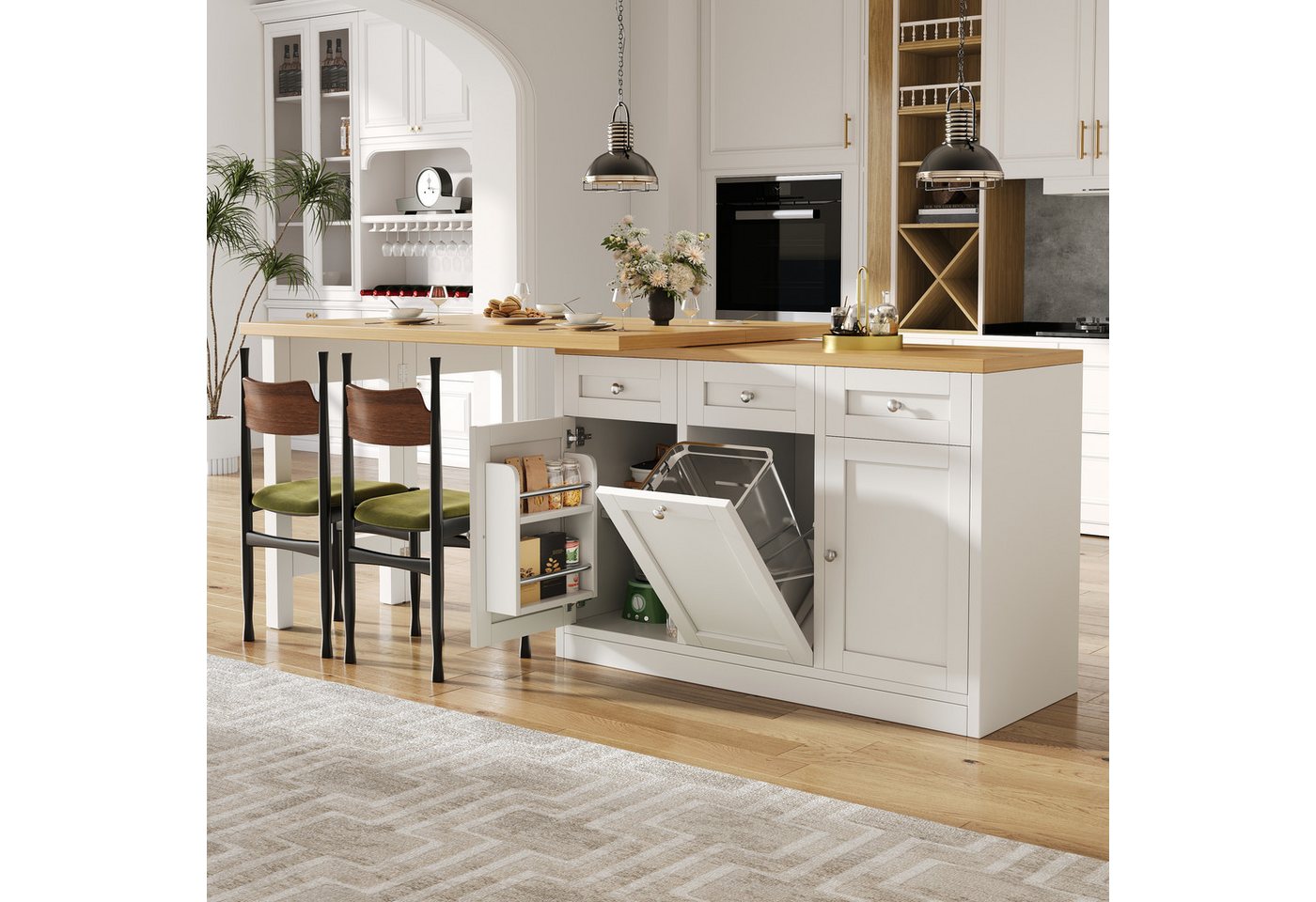 Flieks Kücheninsel Küchenschrank mit 360° drehbarer und klappbarer Arbeitstisch, (Holzoptik Tischplatte Tiefe 40-80cm, Längenverstellbar 120-200cm), ausziehbarer Esstisch & Mehrzweckschrank mit Mülleimerhalter Weiß