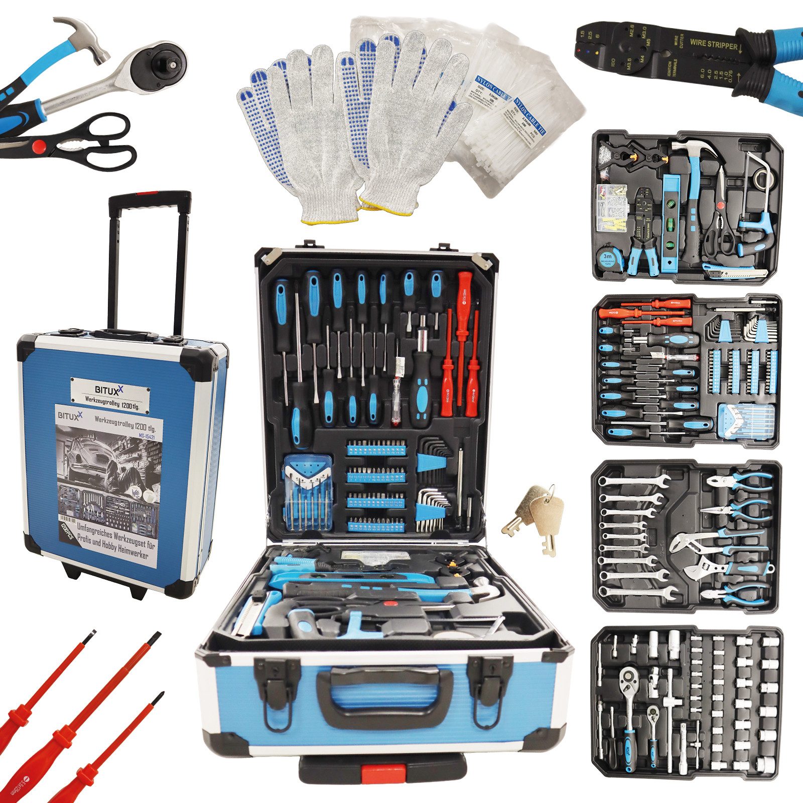 Bituxx Werkzeugtrolley 1200 tlg. (Komplett-Set, 1200 St., Trolley mit 4 bestückten Werkzeugeinlagen), mobil & praktisch: Rollkoffer mit Teleskopgriff und 4 Ebenen, MS-15421