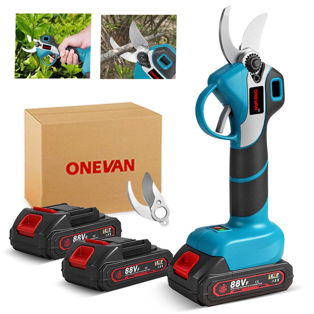 ONEVAN Akku-Astschere 30mm Elektrisch Gartenschere mit 2 Akkus & Klinge, Bürstenloser Elektrisch Garten Schere für Gartenarbeiten