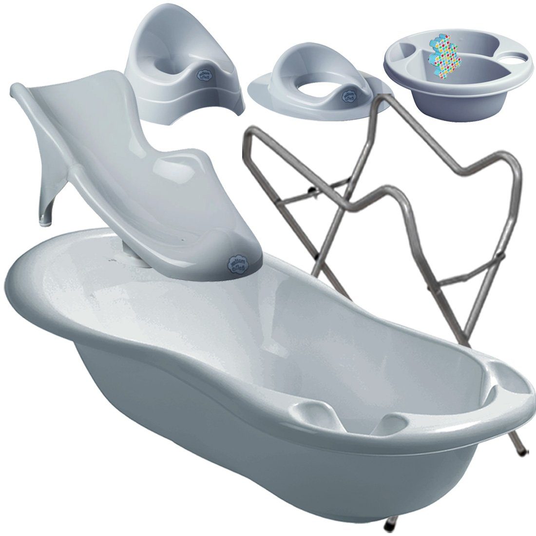 + + Babywanne + + ** WC in Premium Topf Set Classic Grau Babybadewanne (Made Schüssel Gestell Maltex -WASCHSCHÜSSEL Badesitz Ständer Top + 5-Teile Europe Babybadeset, ** Set), + Aufsatz