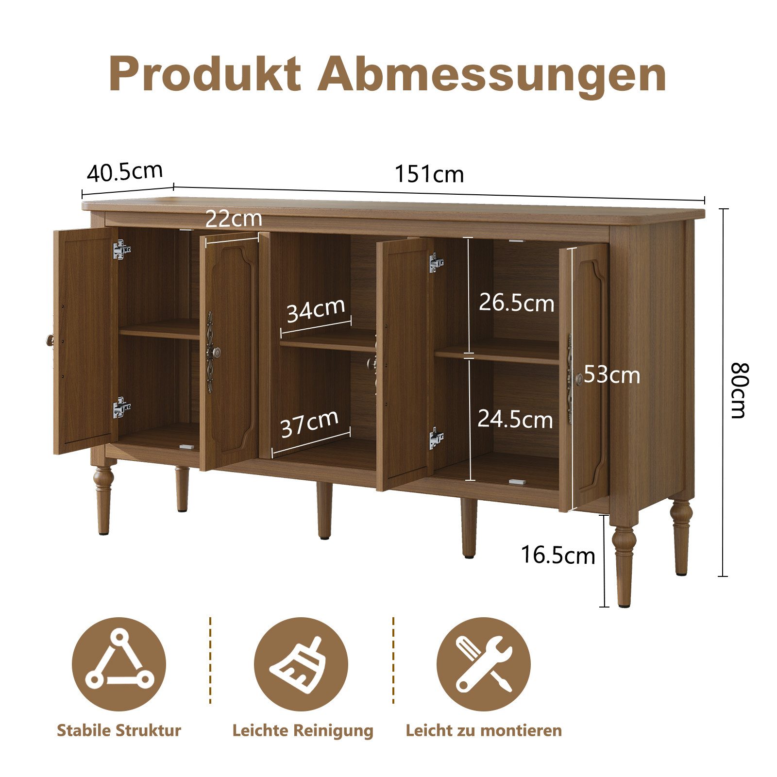 HOLTICO Sideboard Buffet Schrank mit 4 Türen und offenem Regal, Vintage Akzent Kommode (1 St), TV-Schrank, Küchenschrank, Kredenz, und Weinschrank