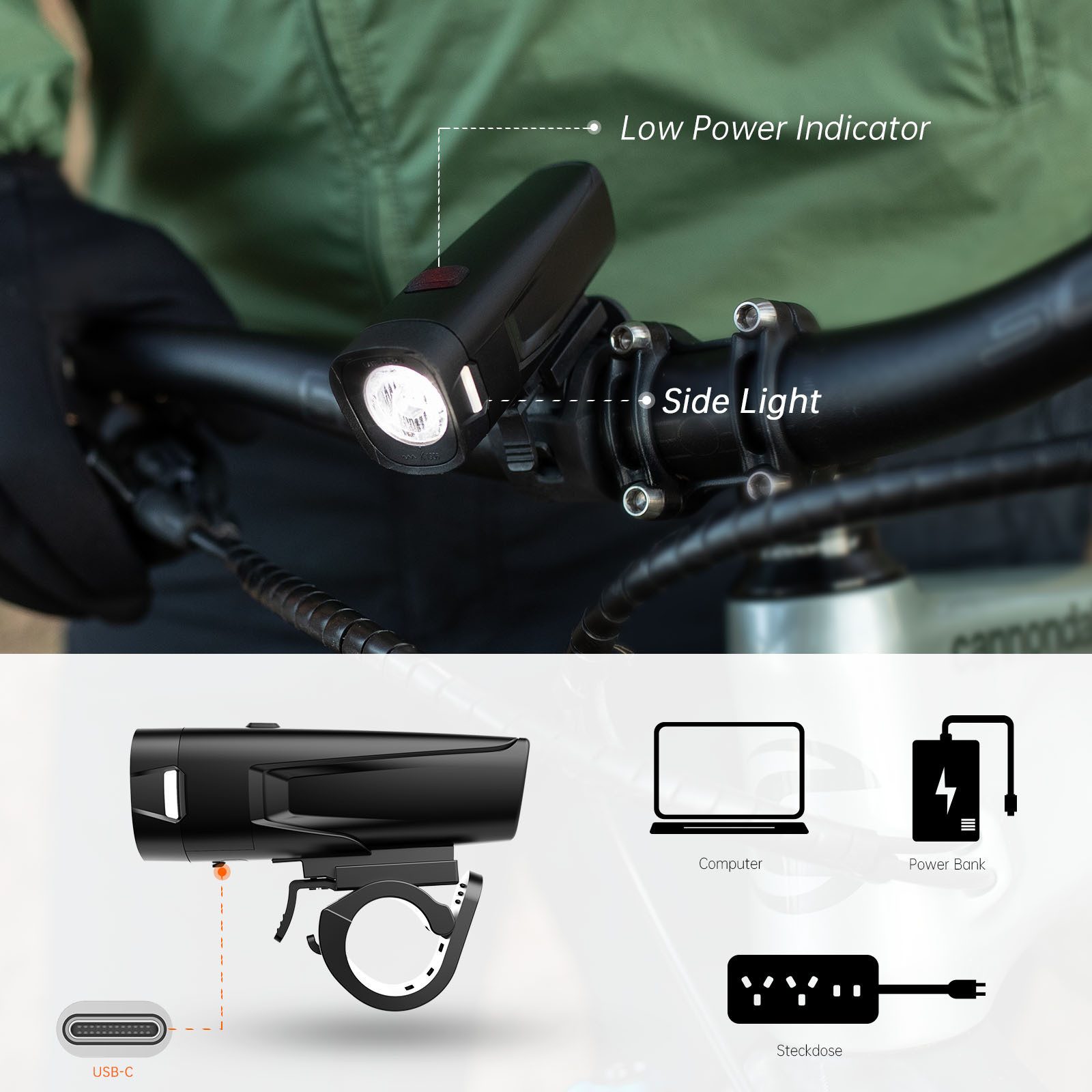 Kityhome Fahrrad-Frontlicht Alu LED Fahrradvorderlicht: superhell, USB, wasserfest, Hochwertiges Alu-Design