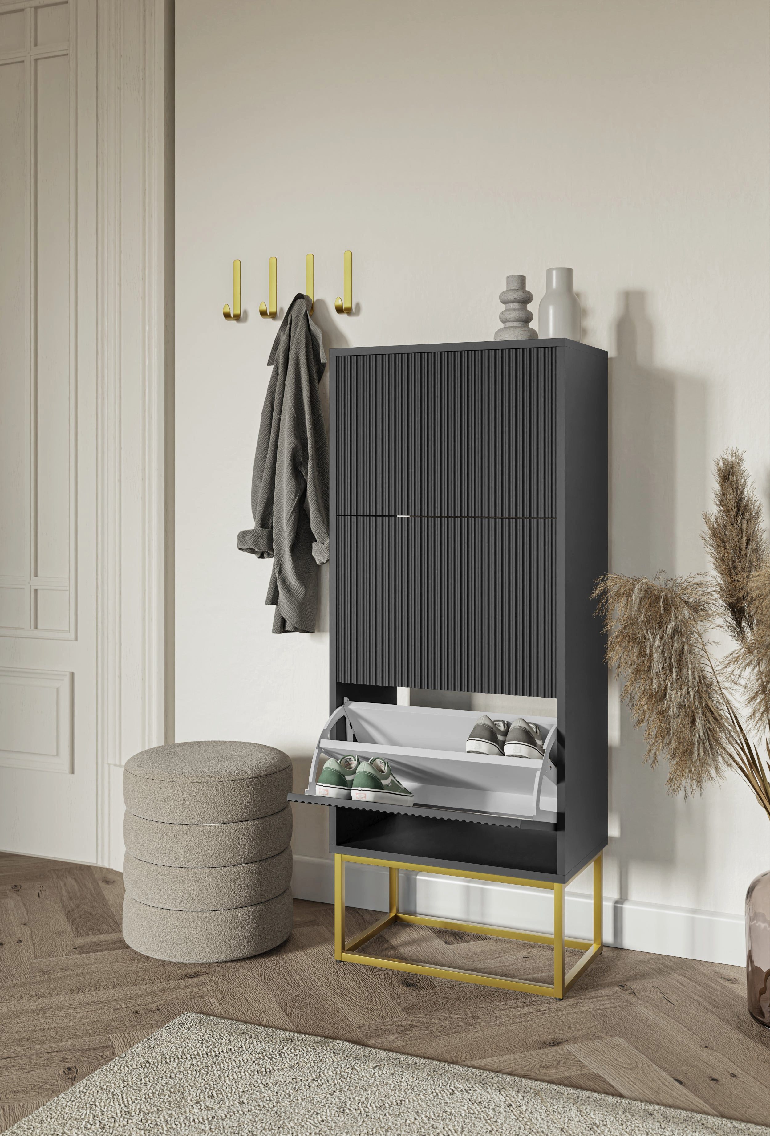 Selsey Schuhschrank VELDIO 3 Klappen mit geriffelten Fronten, goldenes Metallgestell, 50 cm