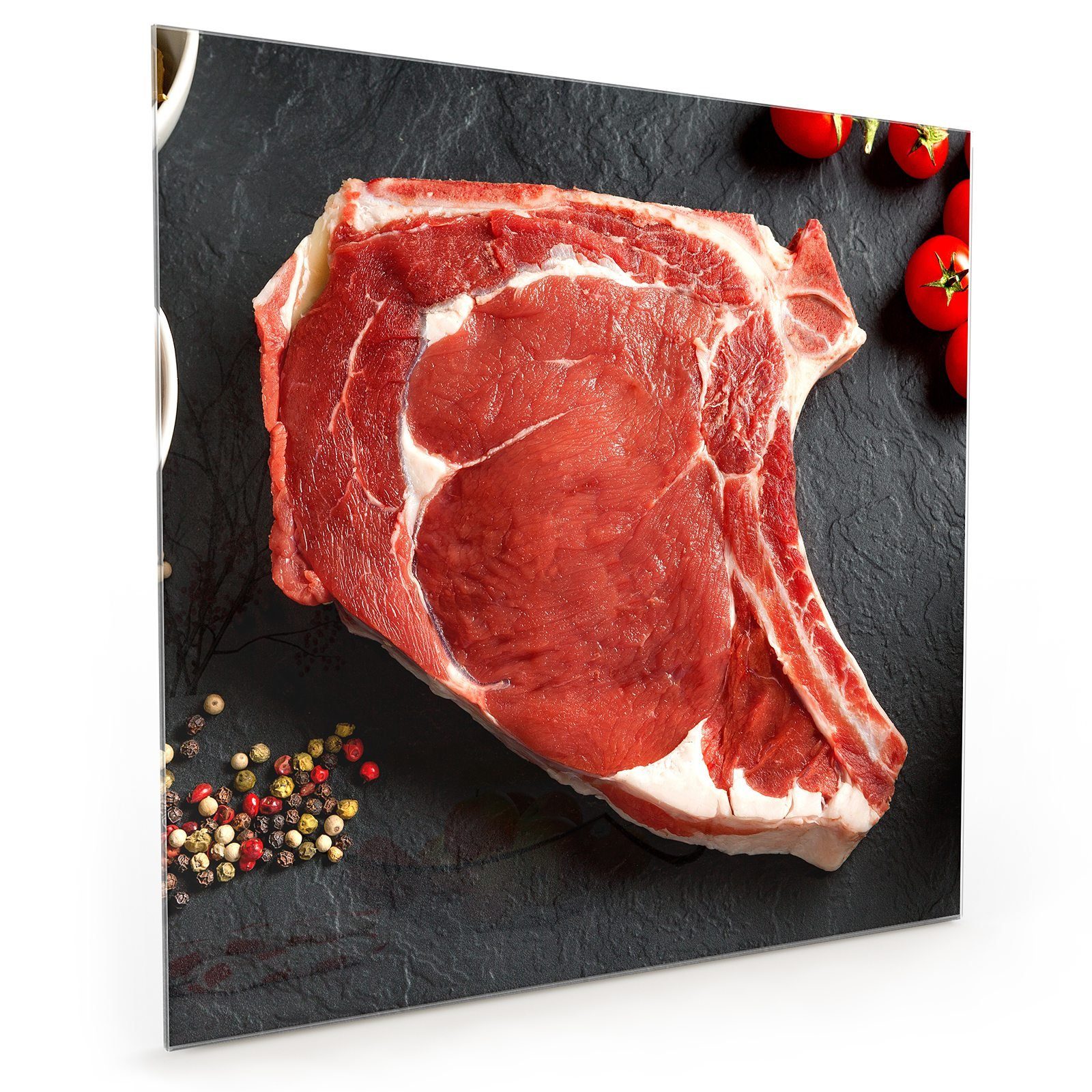 Spritzschutz Küchenrückwand Küchenrückwand Motiv mit Rohes Steak Glas Primedeco