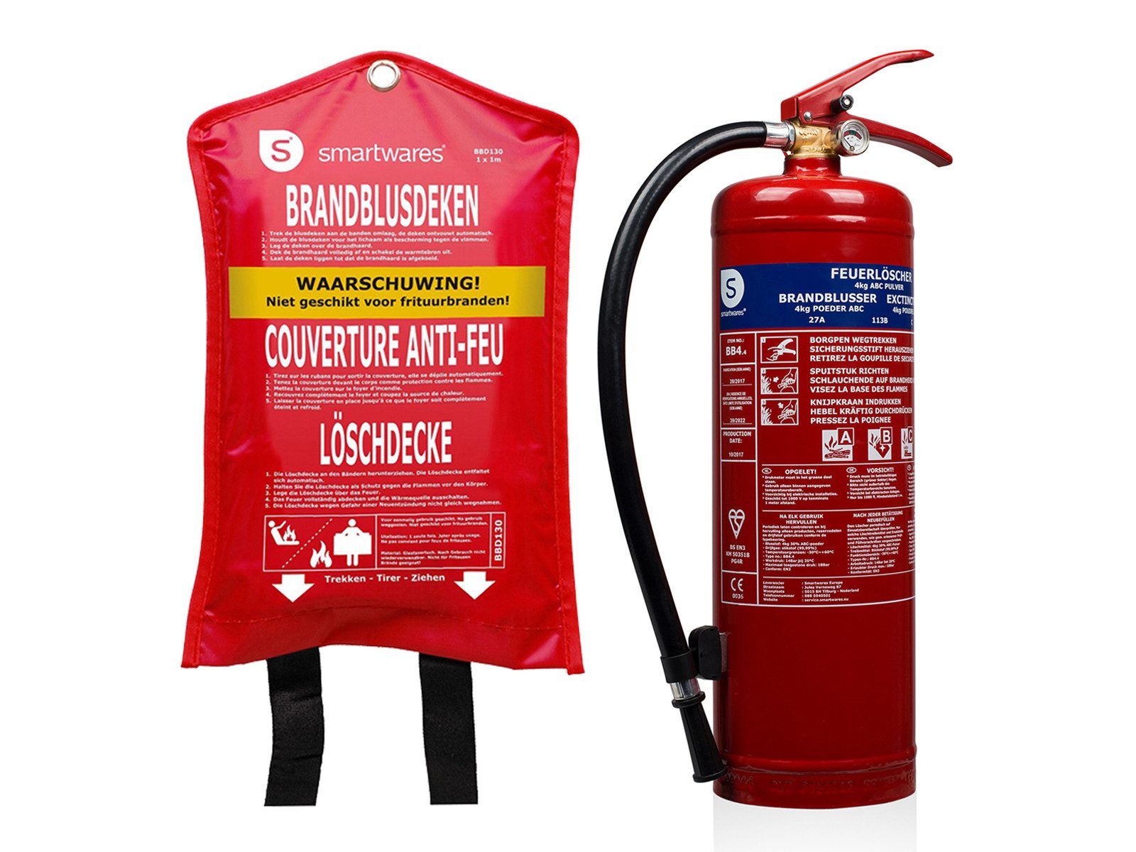 smartwares Pulver-Feuerlöscher, Pulver, als Set mit Löschdecke, für Zuhause Auto, DIN EN 3, Brandklassen A B C