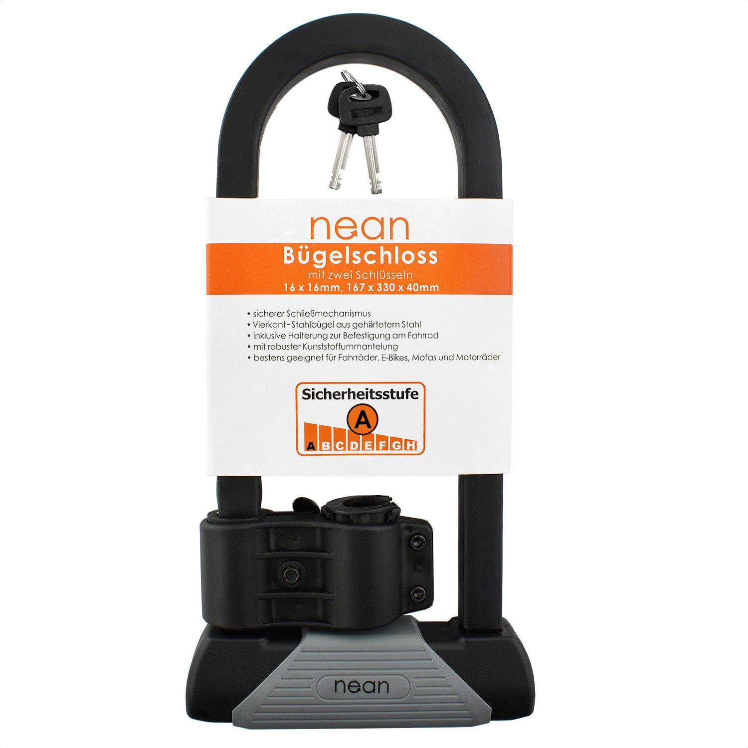 nean Bügelschloss massiv mit Vierkantstahl 167 x 330mm + Halterung und 2 Schlüsseln, gehärteter Vierkant-Stahl, robuste Hülle, hohe Sicherheit
