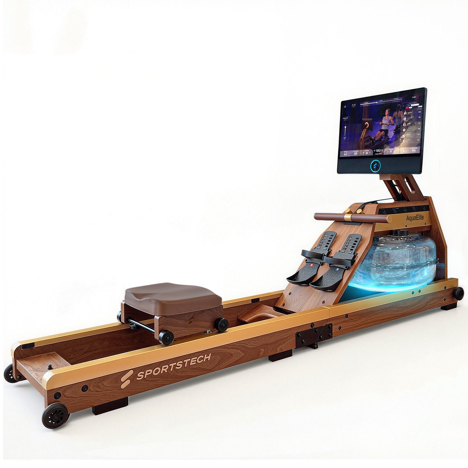 Sportstech Rudergerät AquaElite Wasserrudergerät, LED, App-Konnektivität, klappbar, 21,5" HD-Display