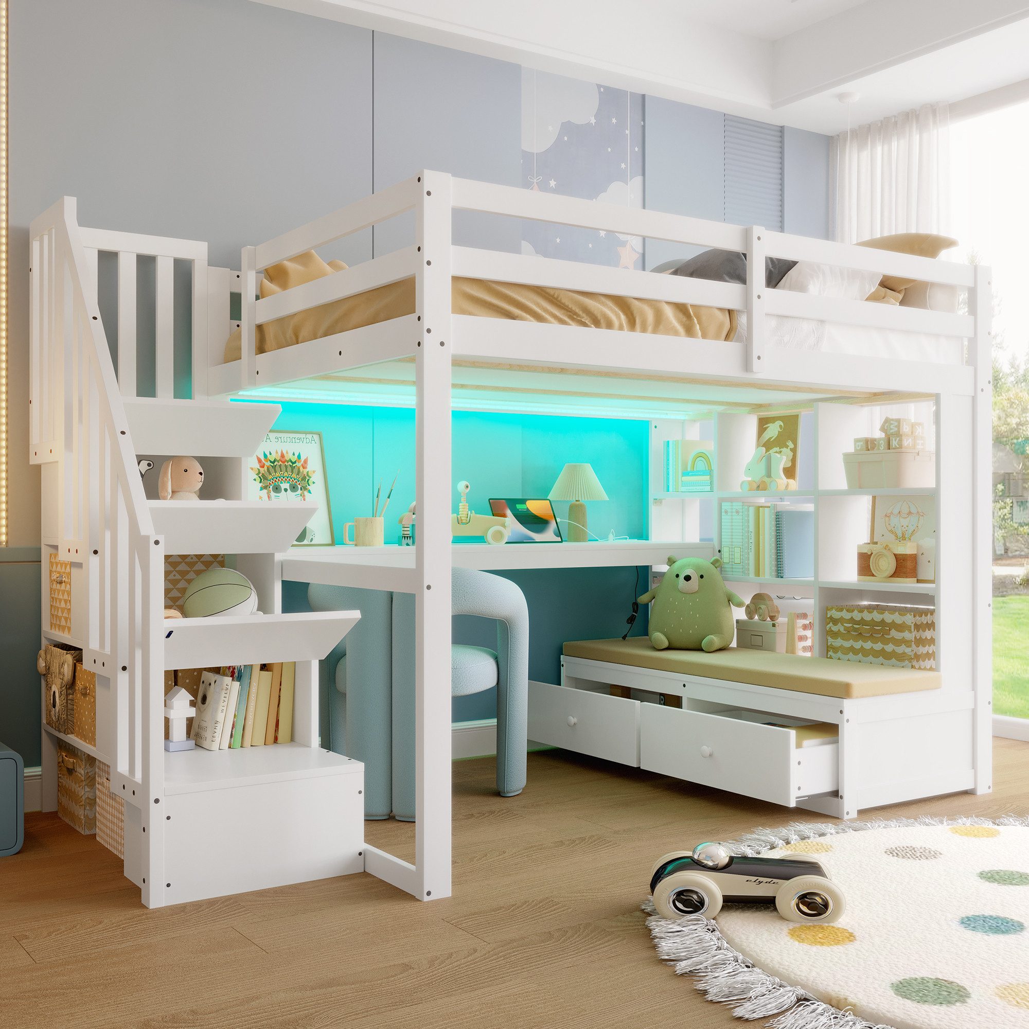 Flieks Hochbett Kinderbett 140x200cm mit LED, Stauraumtreppe, Schreibtisch, günstig online kaufen