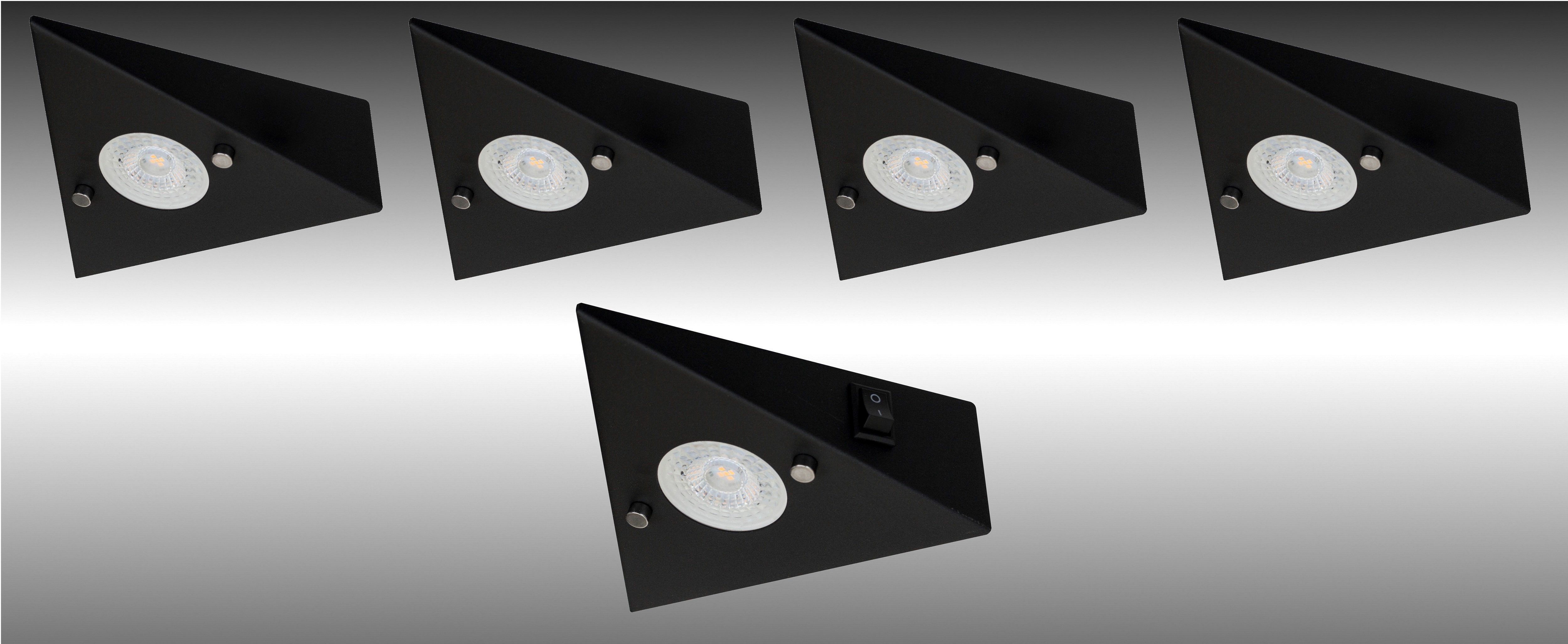 TRANGO LED Unterbauleuchte, 5er Set 6740-55 LED-Küchenunterbauleuchte aus Edelstahl in Matt-Schwarz *COOK* LED Einbauleuchte - Einbaustrahler inkl. 5x 4,8 Watt LED Modul 3000K warmweiß - direkt 230 Volt - beliebig erweiterbar, Schalter - Dreieckleuchte – Schrankleuchte